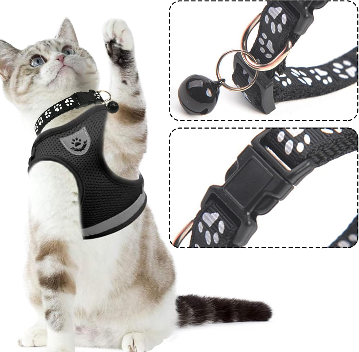 DKDDSSS Cat Harness with Lead Set, Cat Harness, Escape Proof, Adjustable, Cat Vest with Reflective Stripes with Cat Collar, for Kitten Dogs (S, Black) image number 4