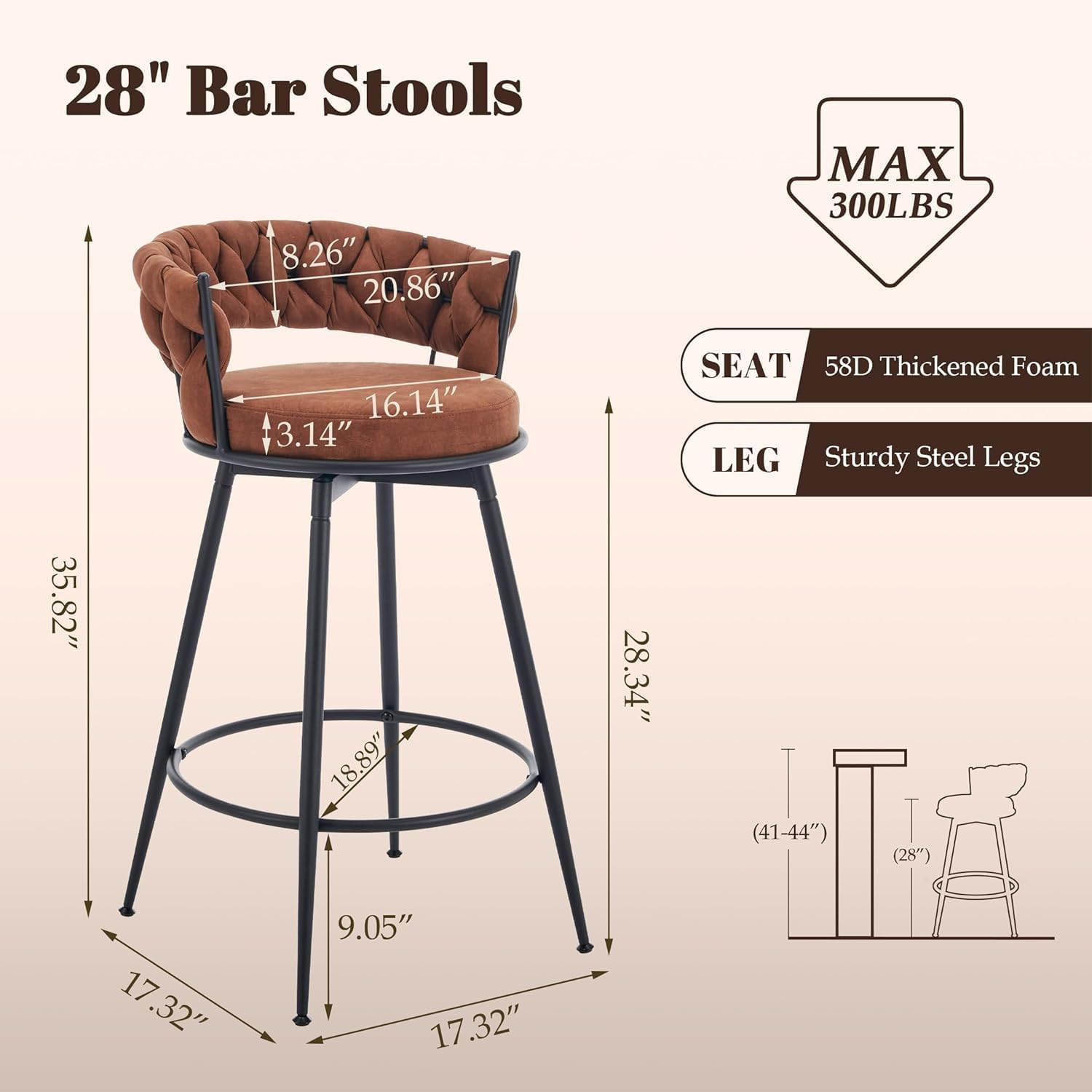 Bar Stools Set of 2, 71Cm Counter Height Swivel Stools with Woven Back & Suede Fabric Seat, 360&deg; Swivel Metal Frame Stools with Footrest for Kitchen Island, Cafe, Pub, Bar, Brown image number 5