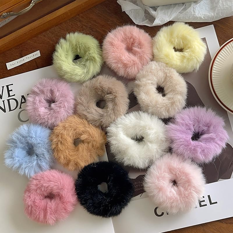 Pack of 12 Hair Bobbles Scrunchies Plush Soft Elastic Hair Bands Rope Ponytail Holder Hair Accessories Furry Pompom Headbands Hair Rubber Bands Hair Accessories for Girls Children - Black