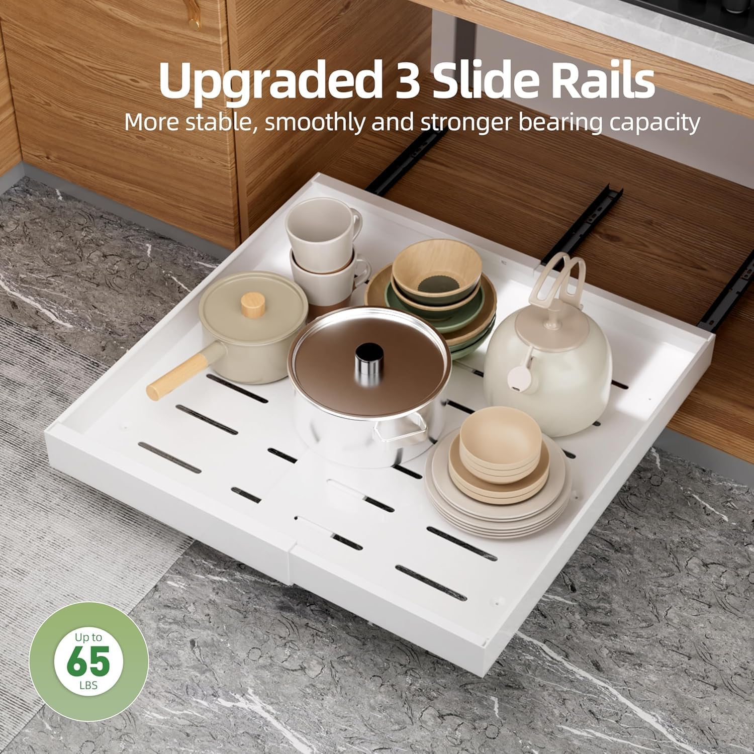 2 Pack Pull Out Cabinet Organizer 52Cm Deep, Expandable(32 to 52Cm W) Pull Out Drawers for Cabinets Adhesive with Film, No Drill Slide Out Drawers for Kitchen Cabinets, White image number 5