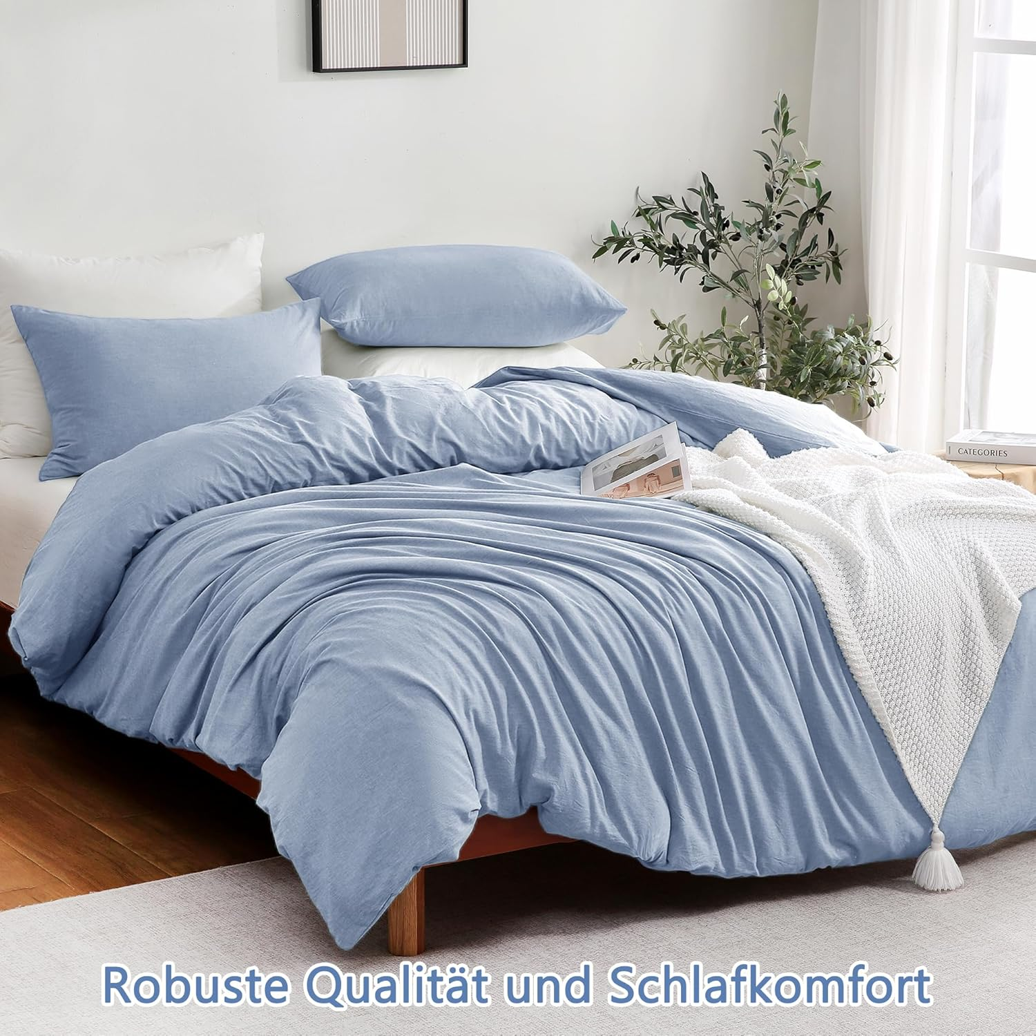 Atsense Bed Linen 135 X 200 Cm Cotton 4-Piece Bedding Sets Sky Blue &Ouml;kotex Certified with Linen-Like Handle, Breathable, 2 Duvet Covers and 2 Pillowcases 80 X 80 Cm