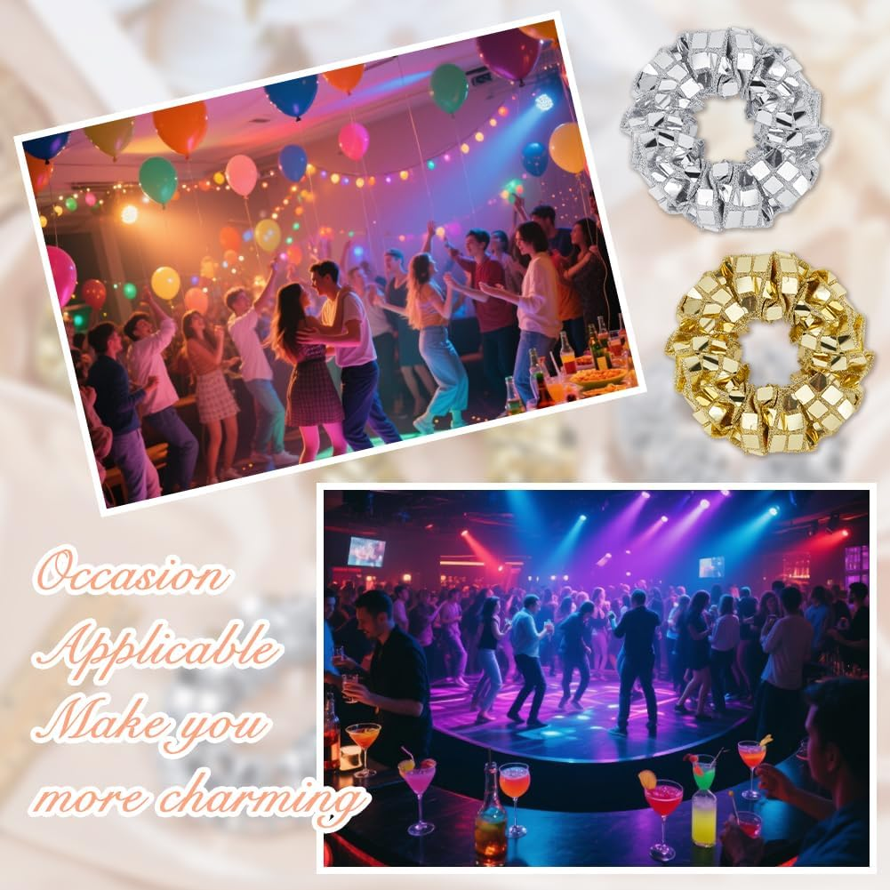 Hobbspring 12Pcs Polyester Scrunchy Hair Ties Plastic Paillette Mirror Disco Sequin Hair Scrunchies Elastics Glitter Silver&Gold Retro Ponytail Holders for Women Bachelorette