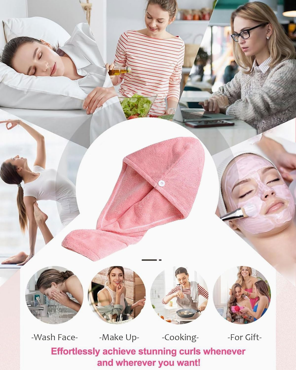 KEMUZ 1 X Microfibre Hair Towel, Super Absorbent Hair Turban for Wet Hair, Turban Towel with Button, for Home, Travel, Gym (Pink) image number 4