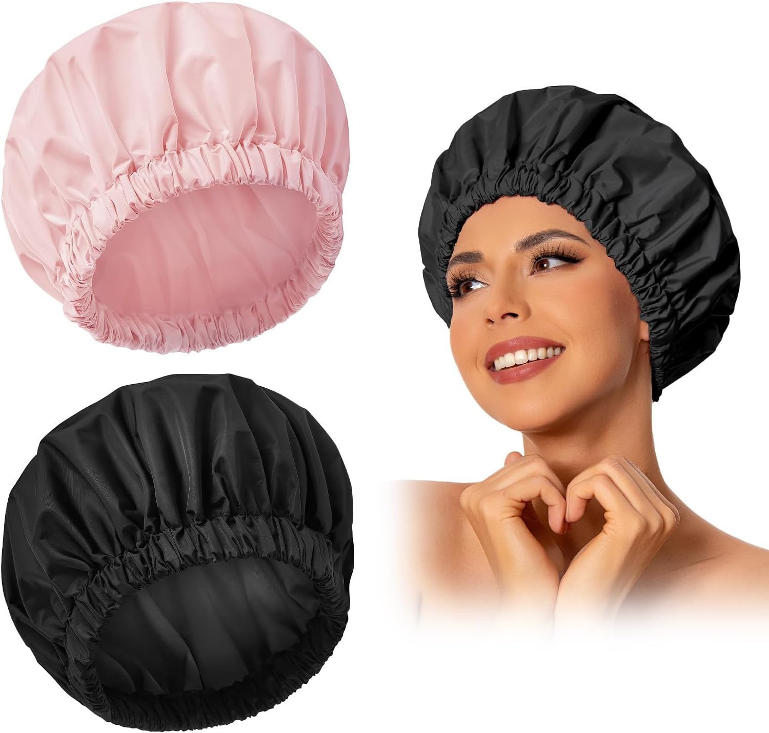 Reusable Shower Cap for Women, Large Waterproof Shower Bonnet Washable Elastic Band Bath Hair Hat for Long Hair, Braids(Green) - Blackgray image number 7