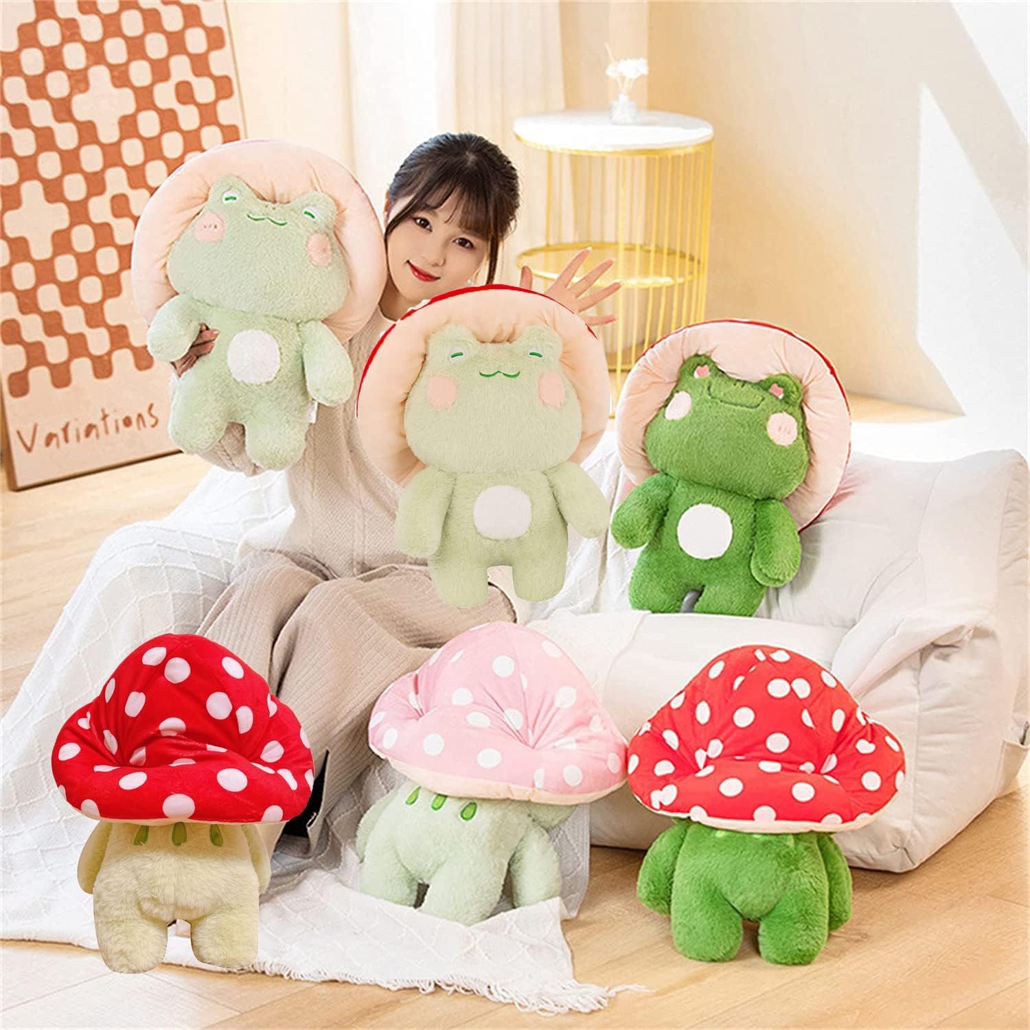 Frog Plush Cute Frog Mushroom Hat Stuffed Animals Kawaii Plush Toys Throw Pillow Home Room Decor Aesthetic Gift(Light Green Frog Red Hat), 17 Inch image number 6
