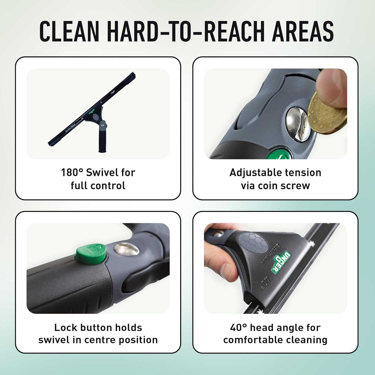 UNGER Ergotec Ninja Window Wiper 40&deg; (Width 45 Cm, Ergonomic Handle, with Soft Rubber, Two Rubber Positions, Window Squeegee with Swivel Function) EN450