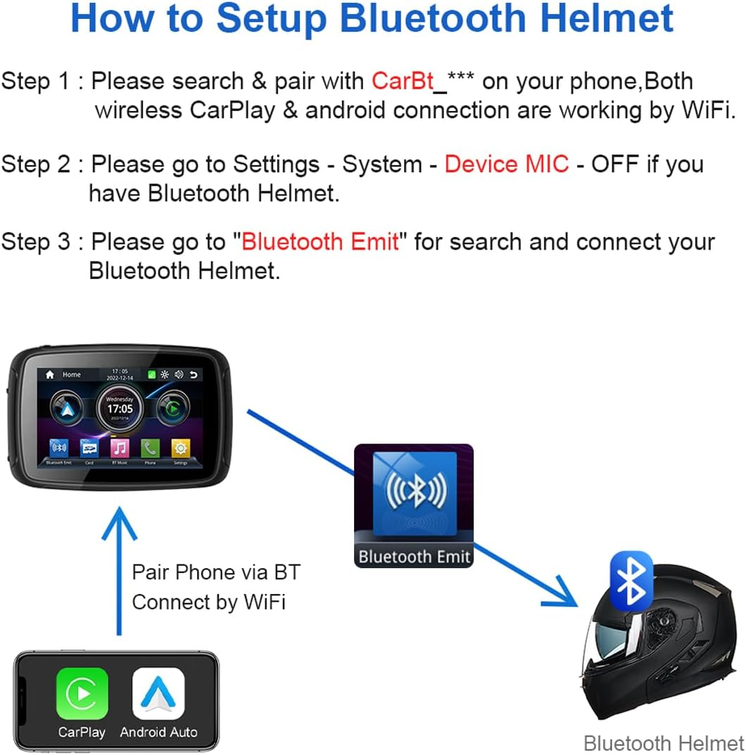 Portable Motorcycle Monitor Compatible with Wireless Apple Carplay and Android Auto 5'' IPS Waterproof Ipx6 Dual Bluetooth Car Touch Screen Built-In Speaker for Motorbike Powered by 5V~50V image number 3