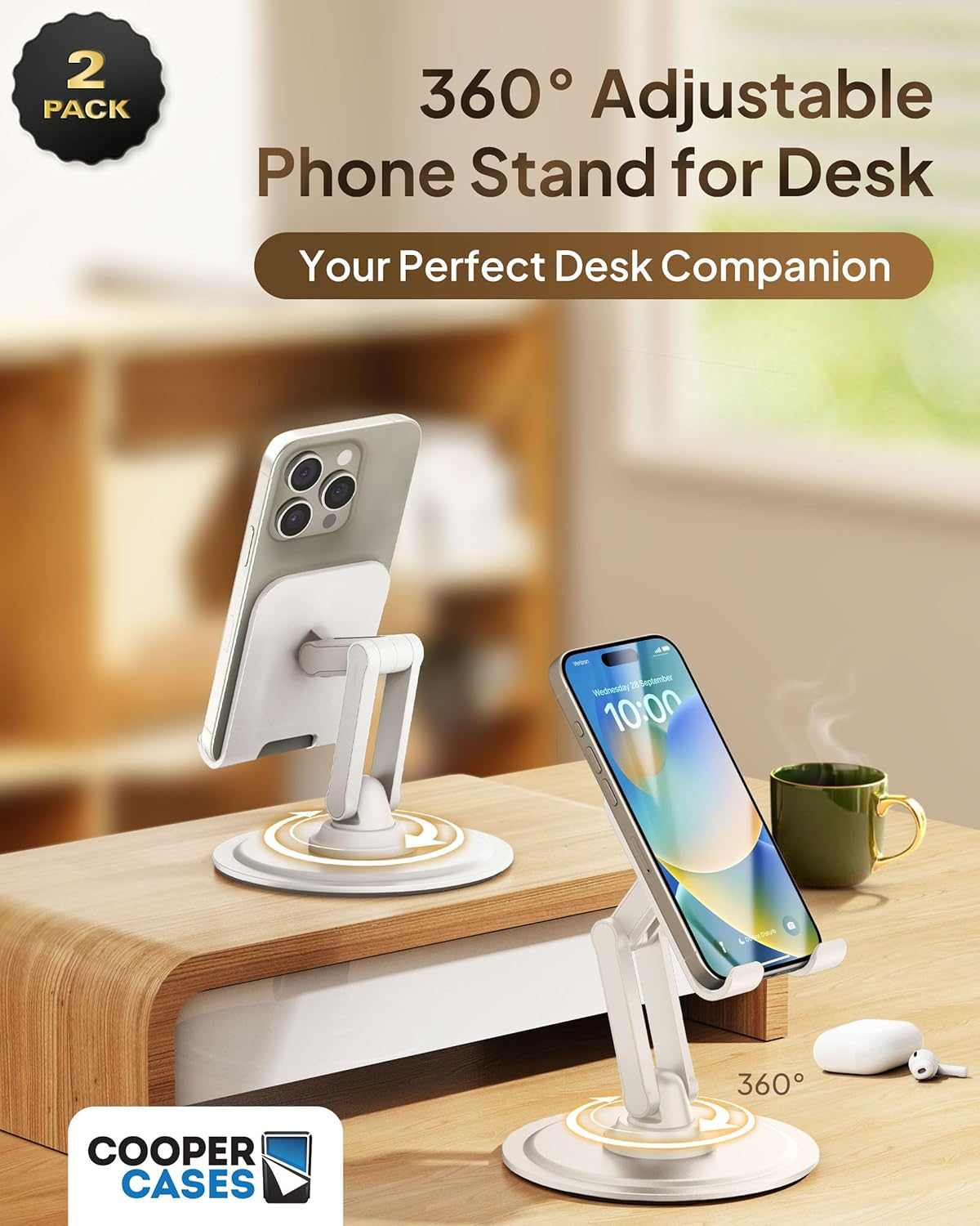 Cooper 360&deg; Stand, [Gift Family Pack], Rotating Cell Phone Stand for Desk, Cell Phone Holder for Desk, Iphone Stand Holder, Sturdy Metal Base, Fits Samsung, Android Smartphones, (Cream White, 2-Pack) image number 5