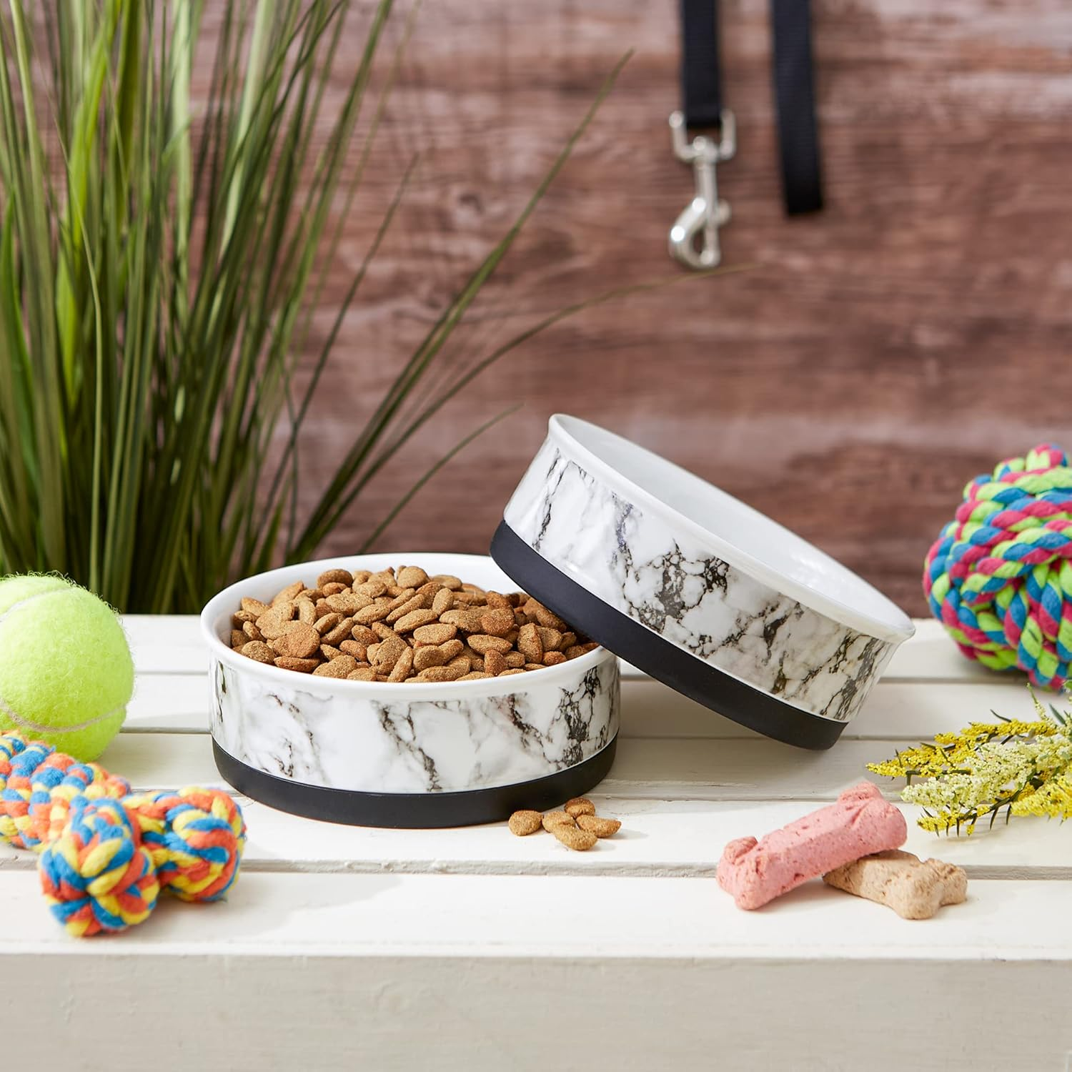 Bone Dry DII Ceramic round Pet Bowl for Food & Water with Non-Skid Silicone Rim for Dogs and Cats (Medium - 6" Dia X 2" H) Set of 2 - White Marble image number 5