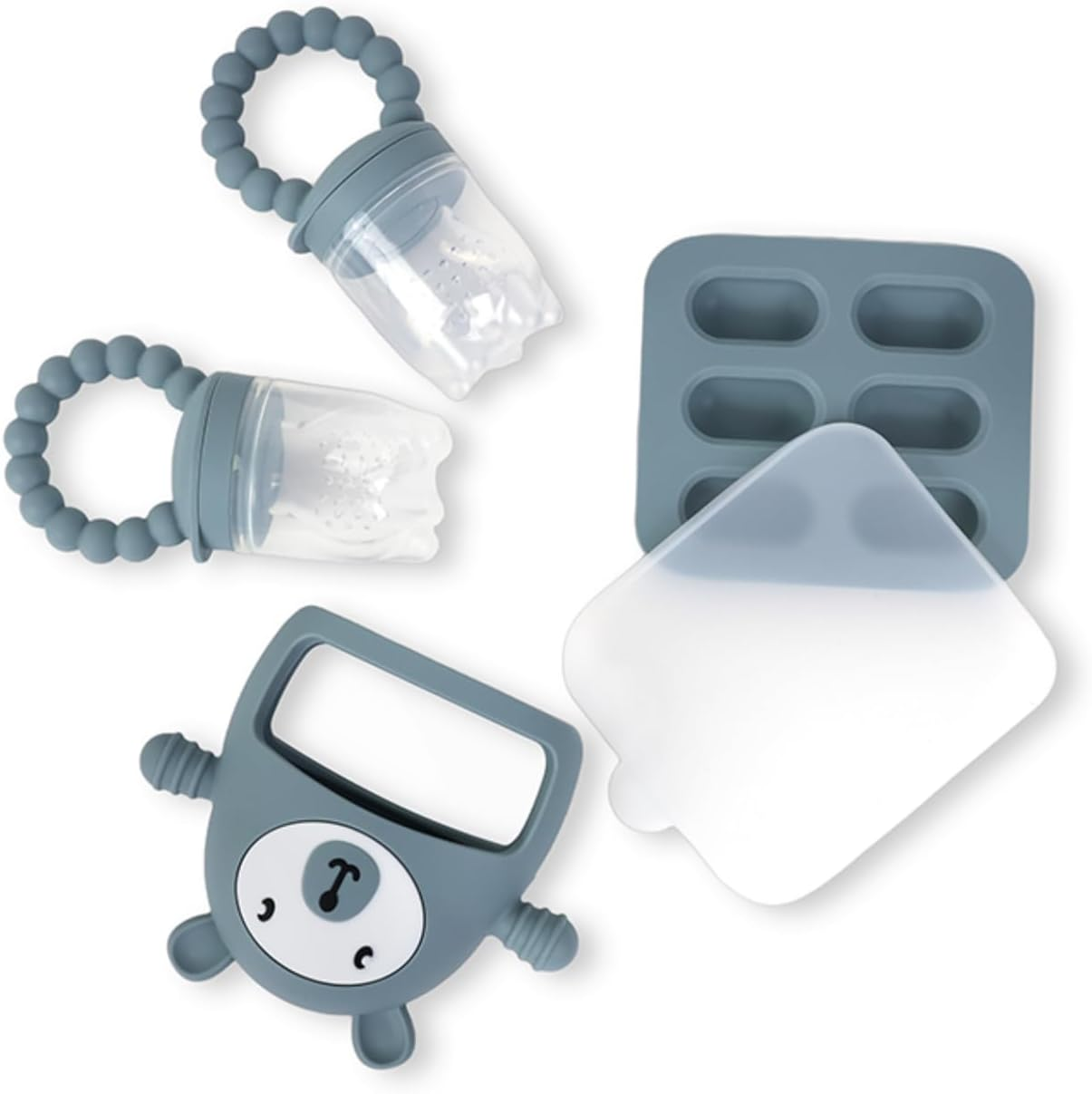 Baby Silicone Teething Mitten Set, 4-Pack with Food Feeder and Freezer Tray, BPA Free, Pink/Blue/Yellow (Bl)