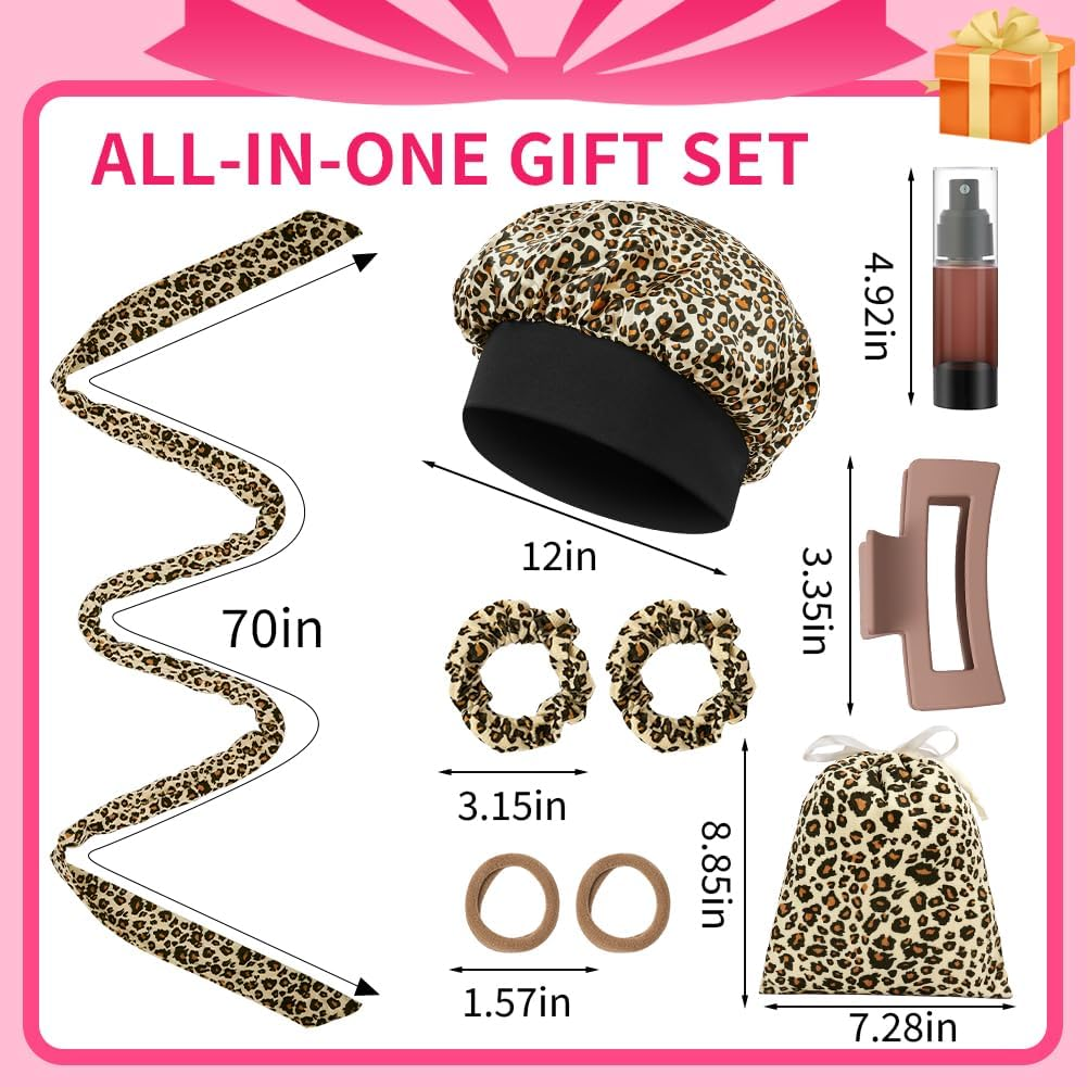 AOOWU Overnight Curlers, 9 Pieces Velvet Heatless Overnight Curls with Headband Curls Band for Sleeping, Band Curls without Heat, 70 Inch Hair Rollers DIY for Long Medium Hair, Leopard Print