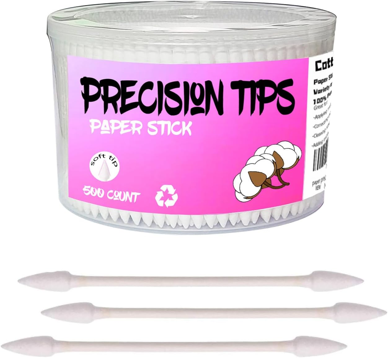 Pointed Tip Cotton Swabs,500 Count Cotton Buds,Double Precision Tips with Paper Stick for Personal Care and Makeup