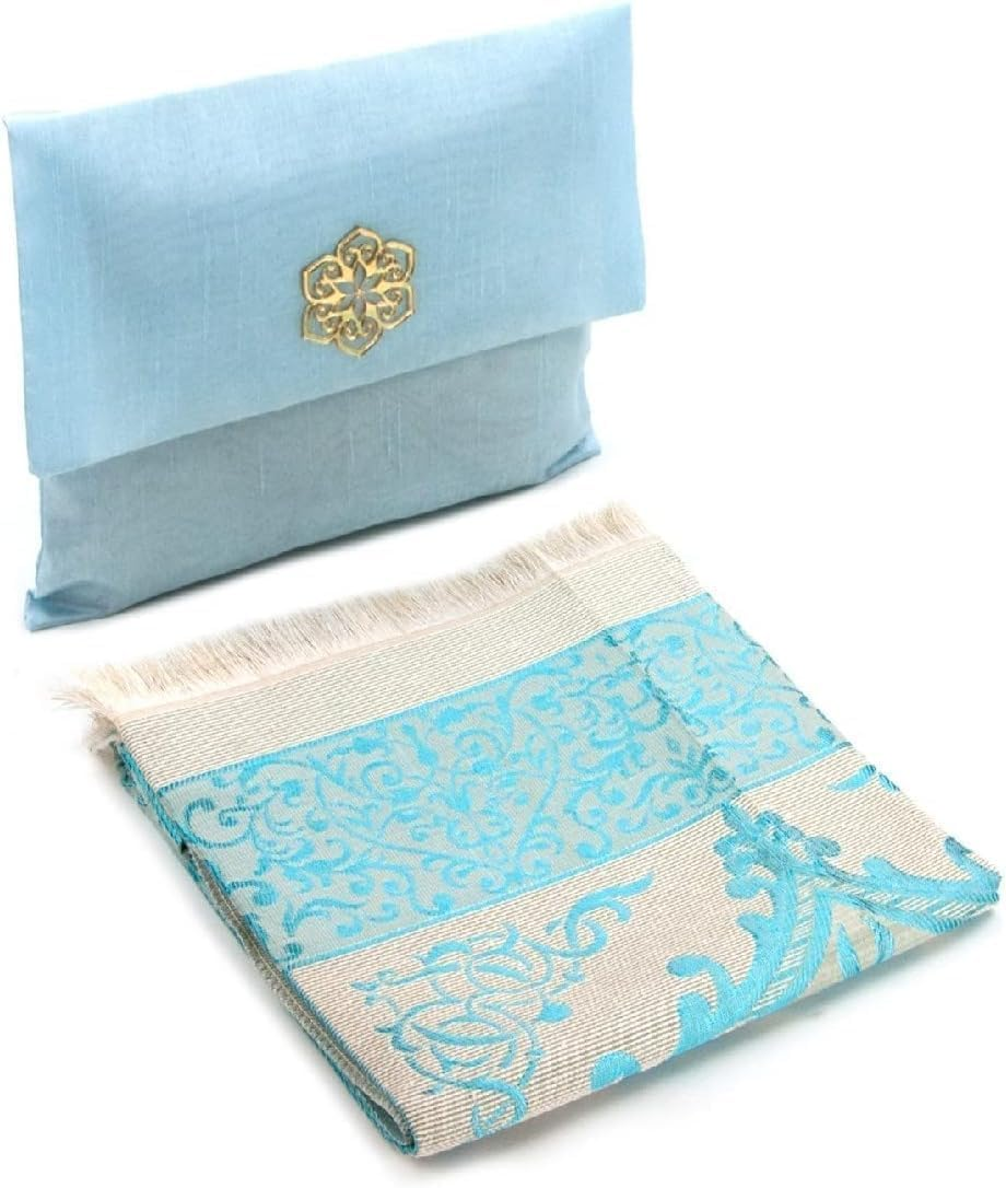 Muslim Prayer Rug and Beads with Elegant Slub Fabric Bag | Janamaz | Sajadah | Soft Islamic Prayer Rug | Islamic Gifts | Prayer Carpet Mat, Taffeta Fabric (Sky Blue) image number 2