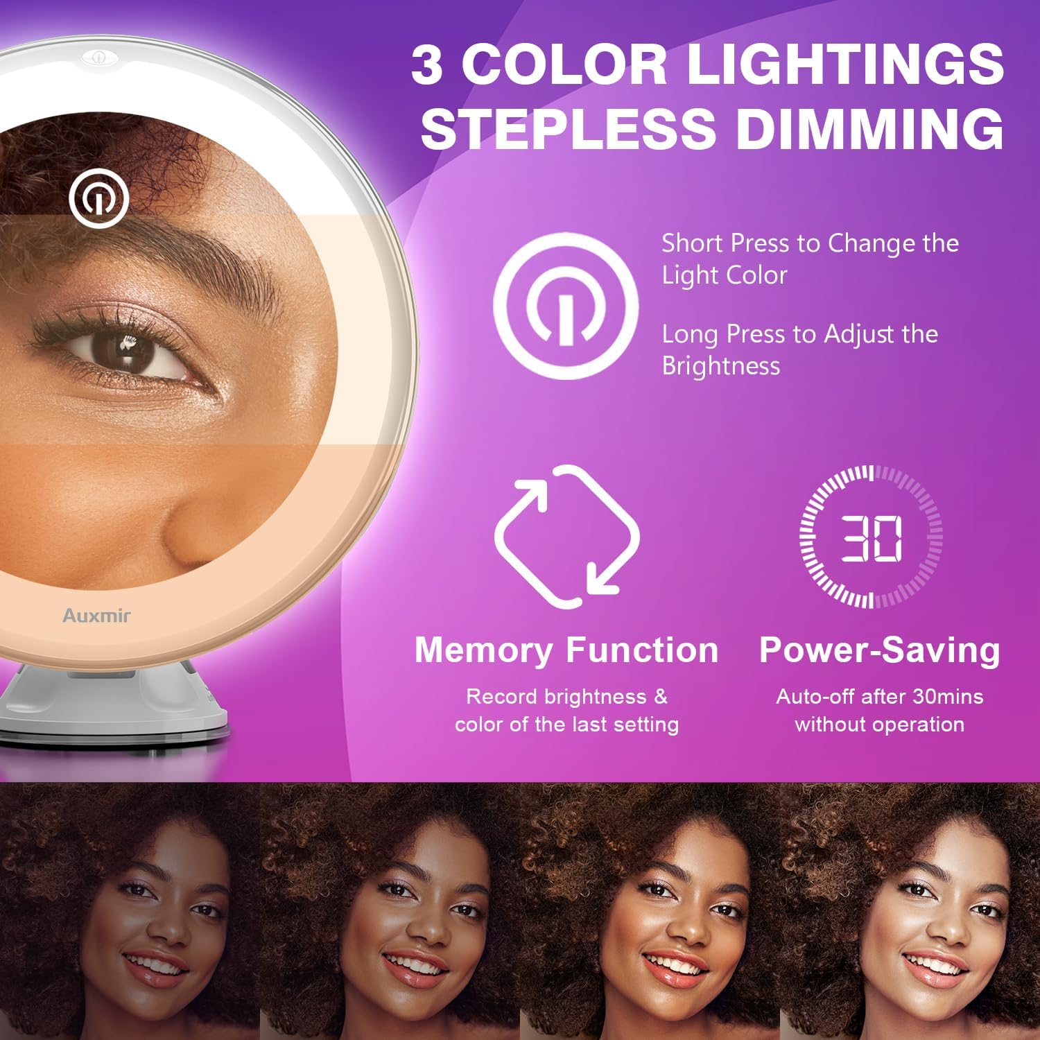 Auxmir Cosmetic Mirror with 30X Magnification, 2000 Mah LED Make-Up Mirror with Lighting, 3 Light Colours and Strong Suction Cup, 8 Inch Magnifying Mirror with Light, Dimmable Shaving Mirror For image number 3