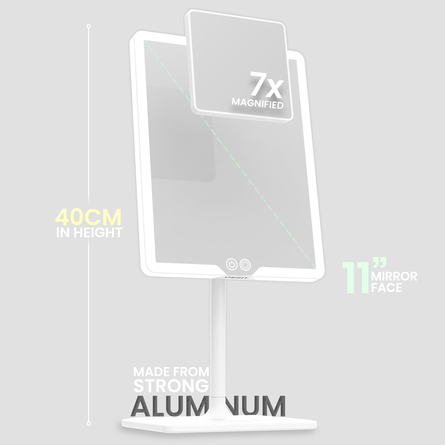 LUNA London ORBIT LED Vanity Mirror with Lights, 7X/1X Magnification, Dimmable & USB-C Rechargeable Tabletop Mirror - Alpine White