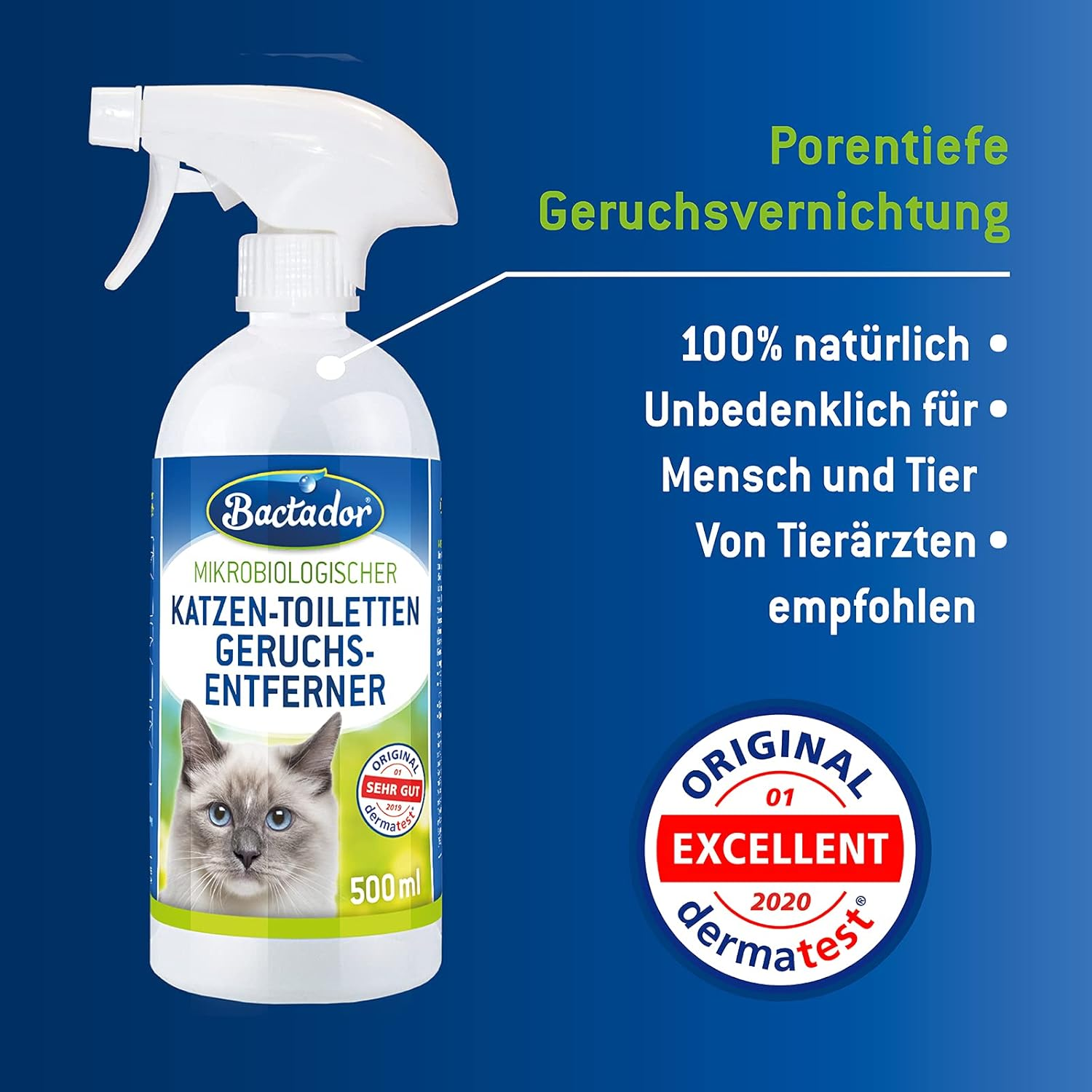 Bactador Cat Litter Odour Remover Spray 500Ml - Biological Enzyme Cleaner as a Ready-To-Use Solution against Cat Urine, Animal Odors, Sweat - for Household & Animal Environment image number 3