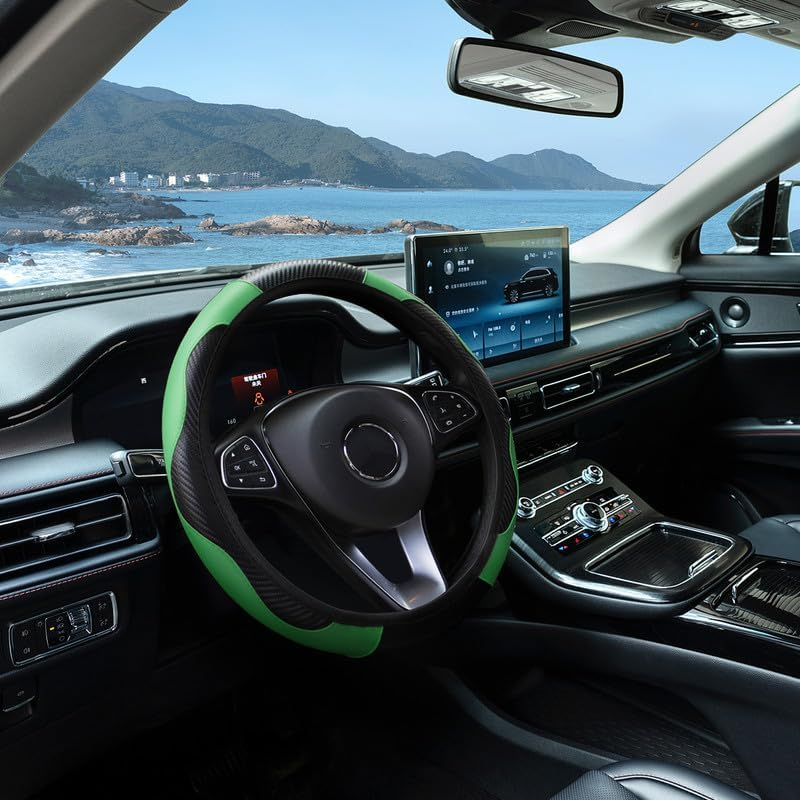Car Steering Wheel Cover, Universal Size Steering Wheel Cover Fits 37-38 Cm/14.5-15 Inch, Non-Slip Carbon Fiber Microfibre, Breathable Car Accessories Steering Wheel Cover, Green - Blue image number 7