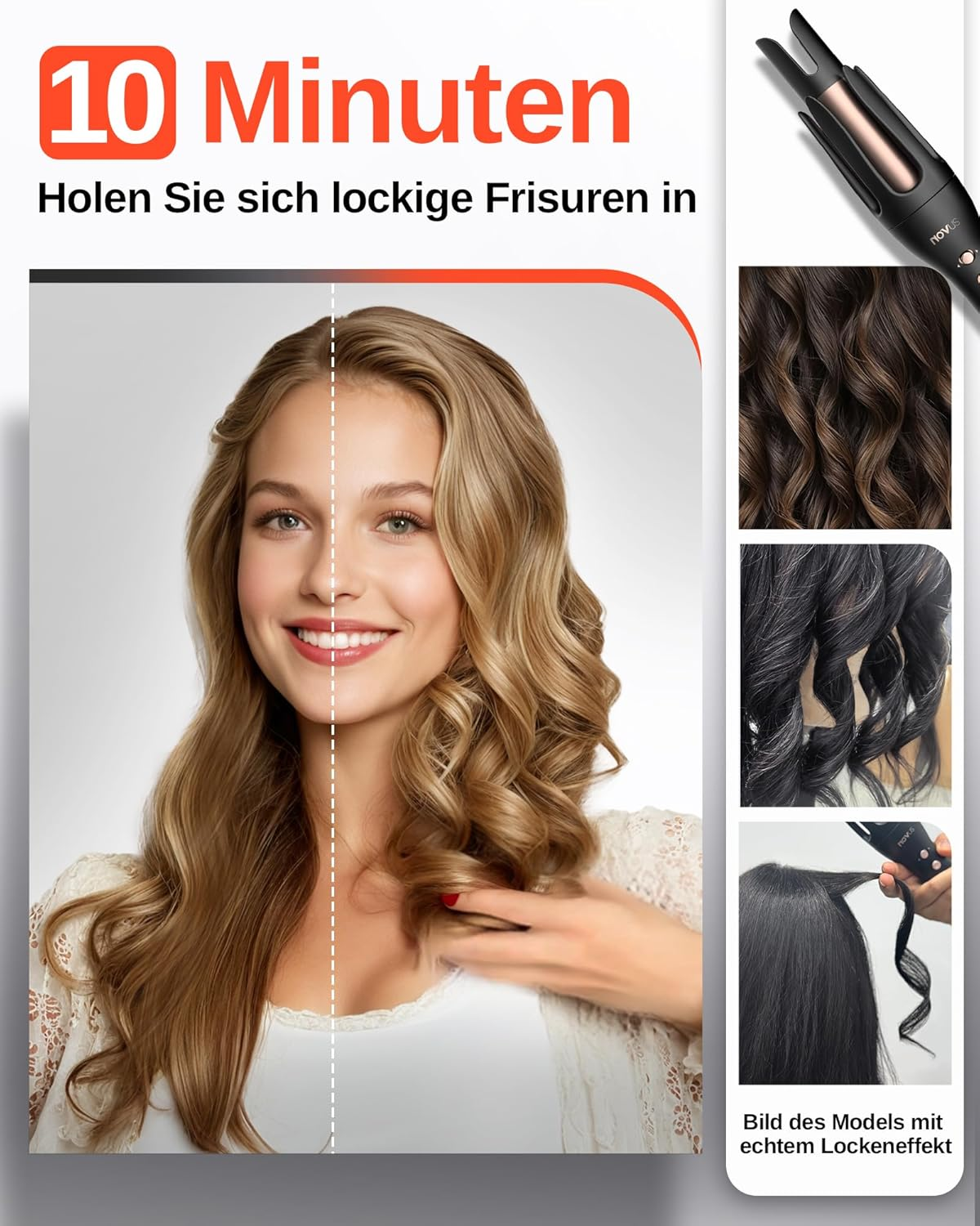 NOVUS Automatic Curling Iron, Rotating Anti-Scald Ceramic Curling Iron with Adjustable Steering, 3 Temperature Levels for All Hair Types image number 1