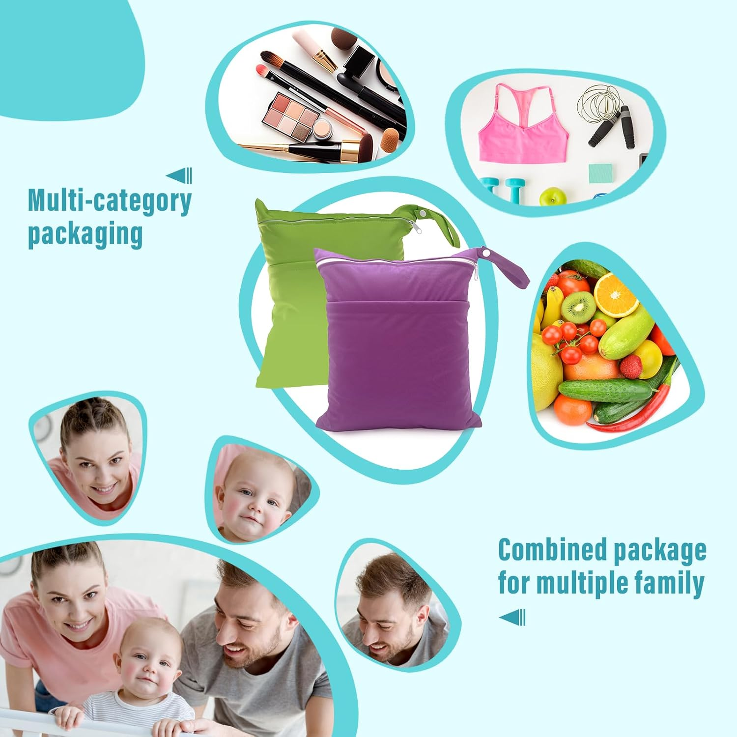 2 Pack Cloth Diaper Wet Bags - Double Zipper Pockets Waterproof Reusable Wet Dry Bag for Baby Diapers, Large Capacity with Wet Dry Separation (Green+Purple) image number 5