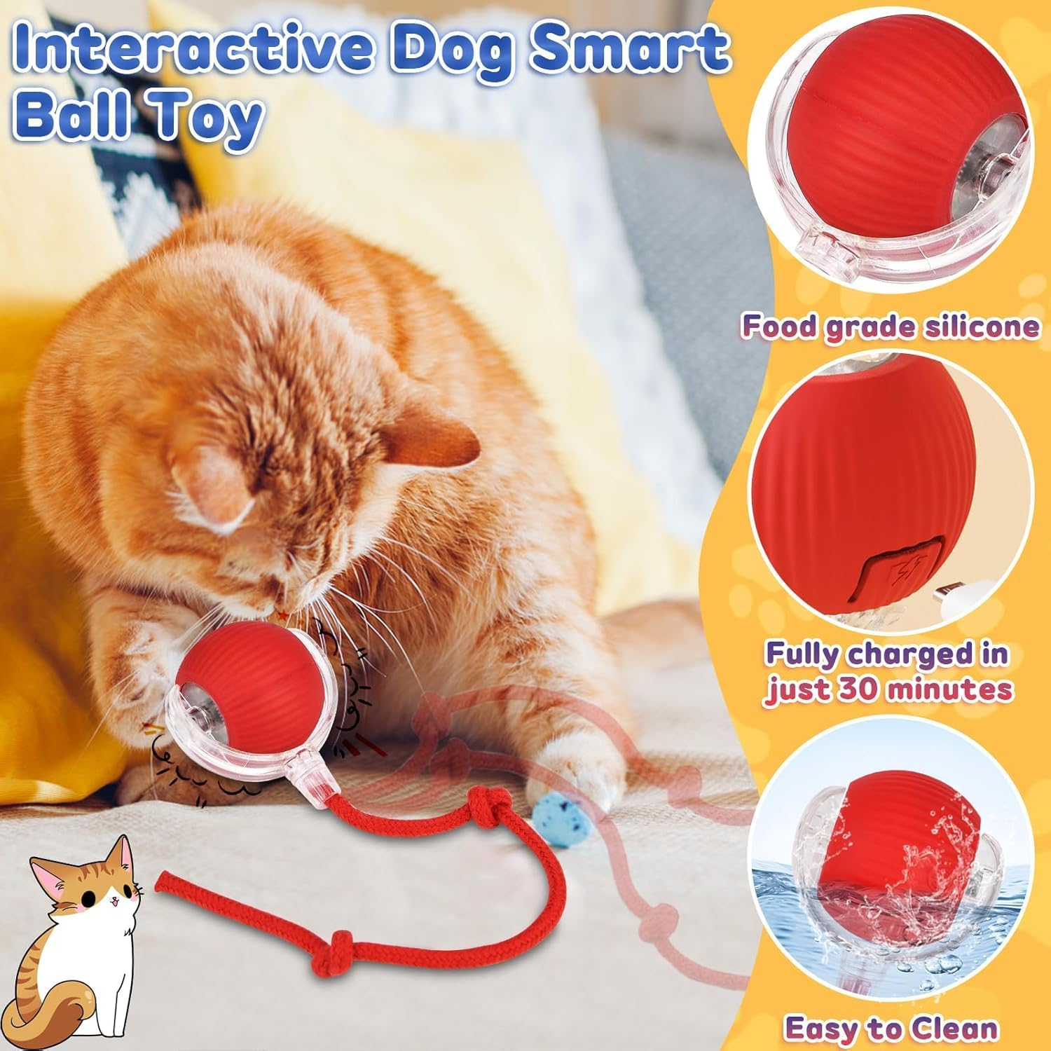 Xinrongda Interactive Cat Toy Ball, Cat Toys for Indoor Cats Adult, 360&deg;Smart Automatic Rolling Ball for Cats Dogs, USB Rechargeable Cat Toys, Moving Dog Ball for Pets,Red image number 4