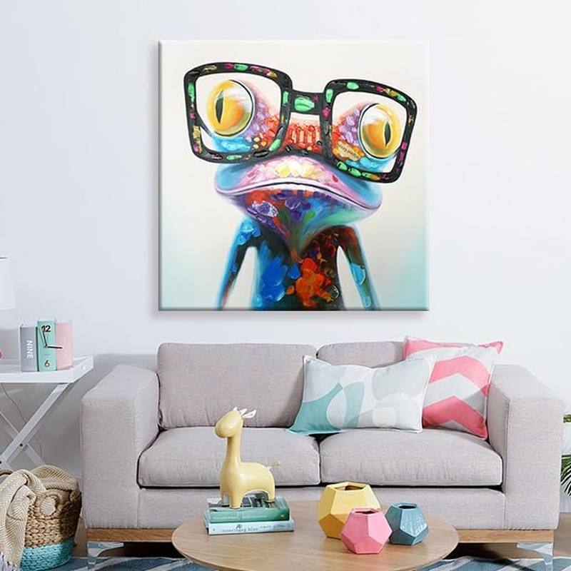 Seven Wall Arts - 100% Hand Painted Oil Painting Animal Stretched and Framed Ready to Hang for Living Room Father'S Day (24 X 24 Inch, Happy Frog)