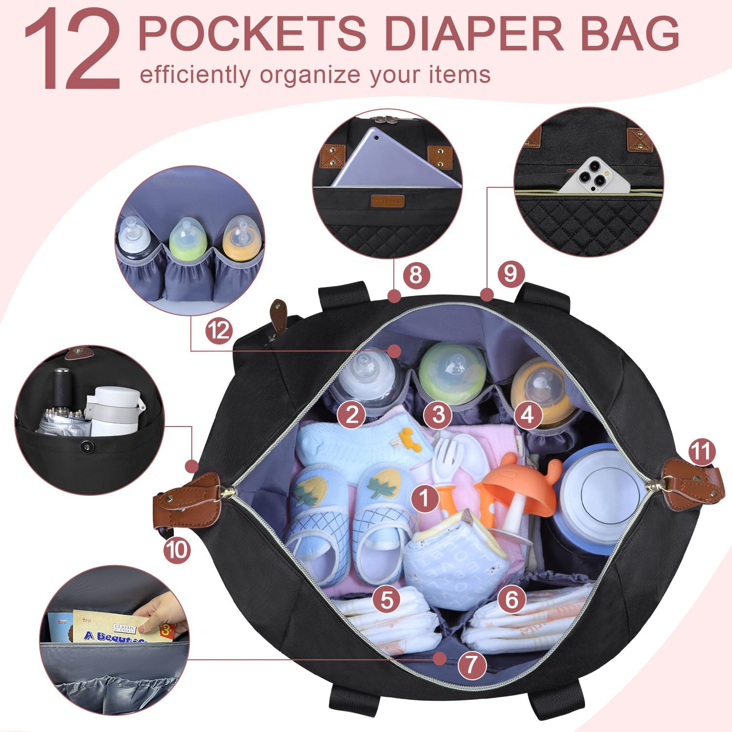 Diaper Bag Tote - Diaper Baby Bags, Waterproof Large Mommy Bag Maternity Bag Travel Baby Bag for Mom and Dad - Black image number 2