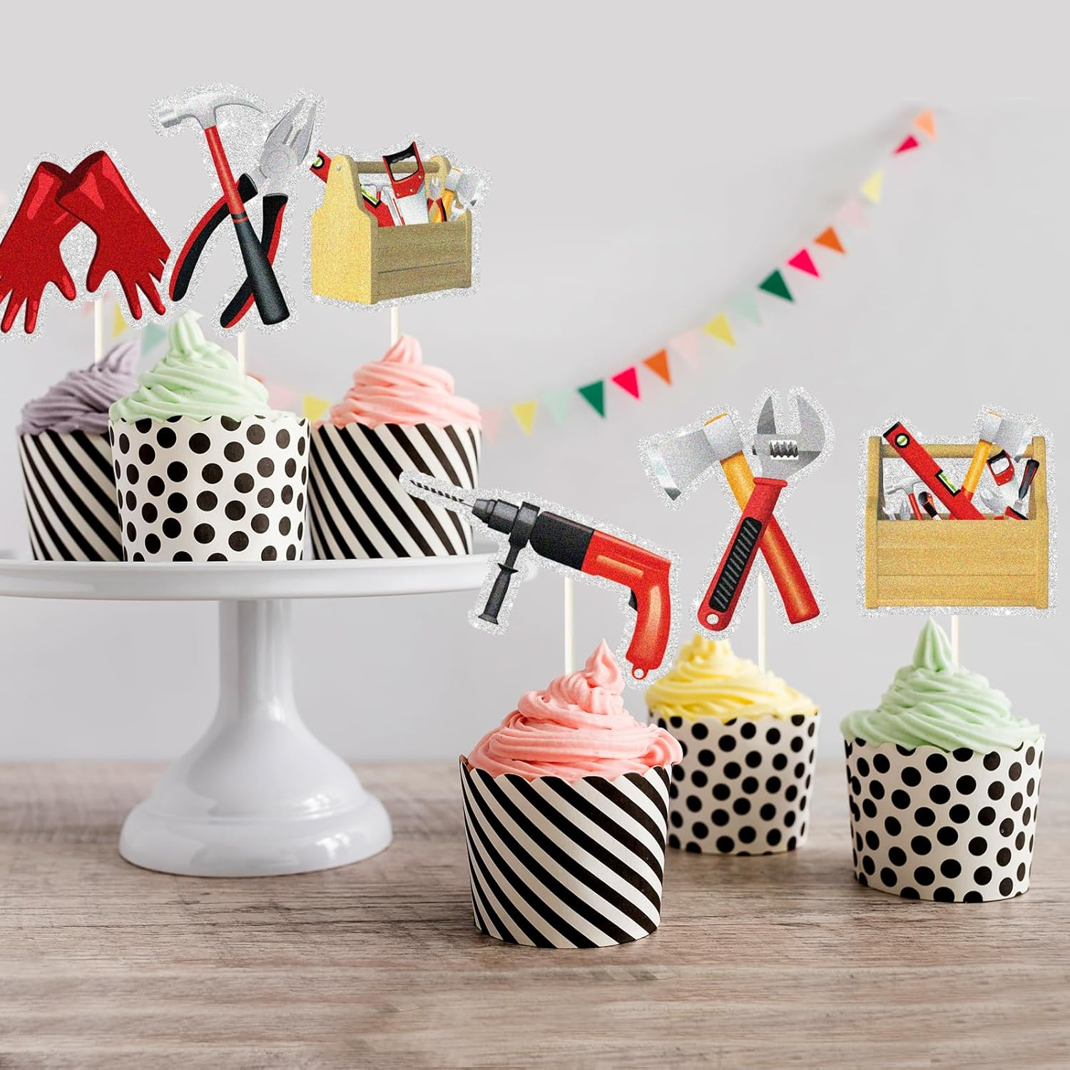 18Pcs Tools Cupcake Cake Toppers, Drill Tape Measure Handsaw Plier Wrench Toolbox Hammer Mechanic Screwdrivers Cupcake Picks,Tools Birthday Party Decorations image number 3