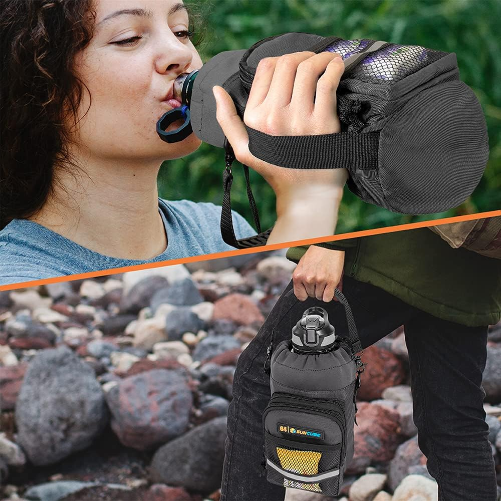 SUN CUBE Water Bottle Carrier with Strap, Insulated Water Bottle Carrier Bag with Phone Pocket Pouch, Sleeve Sling Purse Crossbody Bottle Holder for Walking, Sports, Hiking Accessories, Gray 64Oz