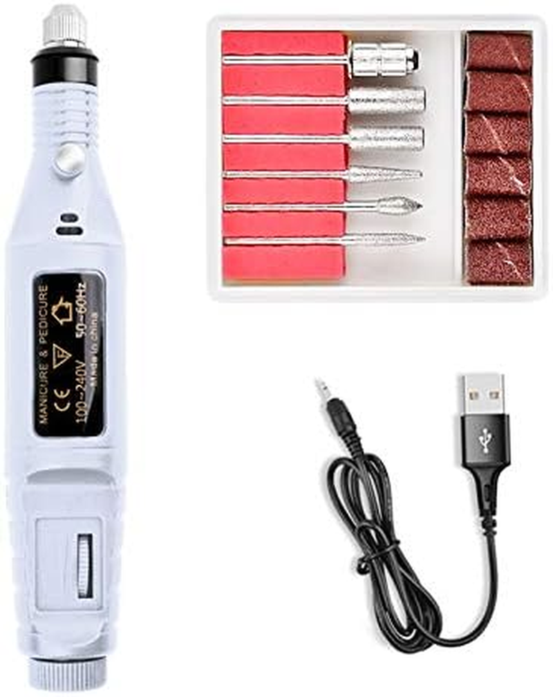 Portable USB Electric Nail Drill Machine &ndash; Professional Nail File for Acrylic and Gel Nails, Manicure & Pedicure. Nail Art Polishing Tool with 6 Nail Drill Bits Sanding Bands Dust Brush, Compact Nail Drill Kit (Red/Black/Pink/Blue/White) (White)
