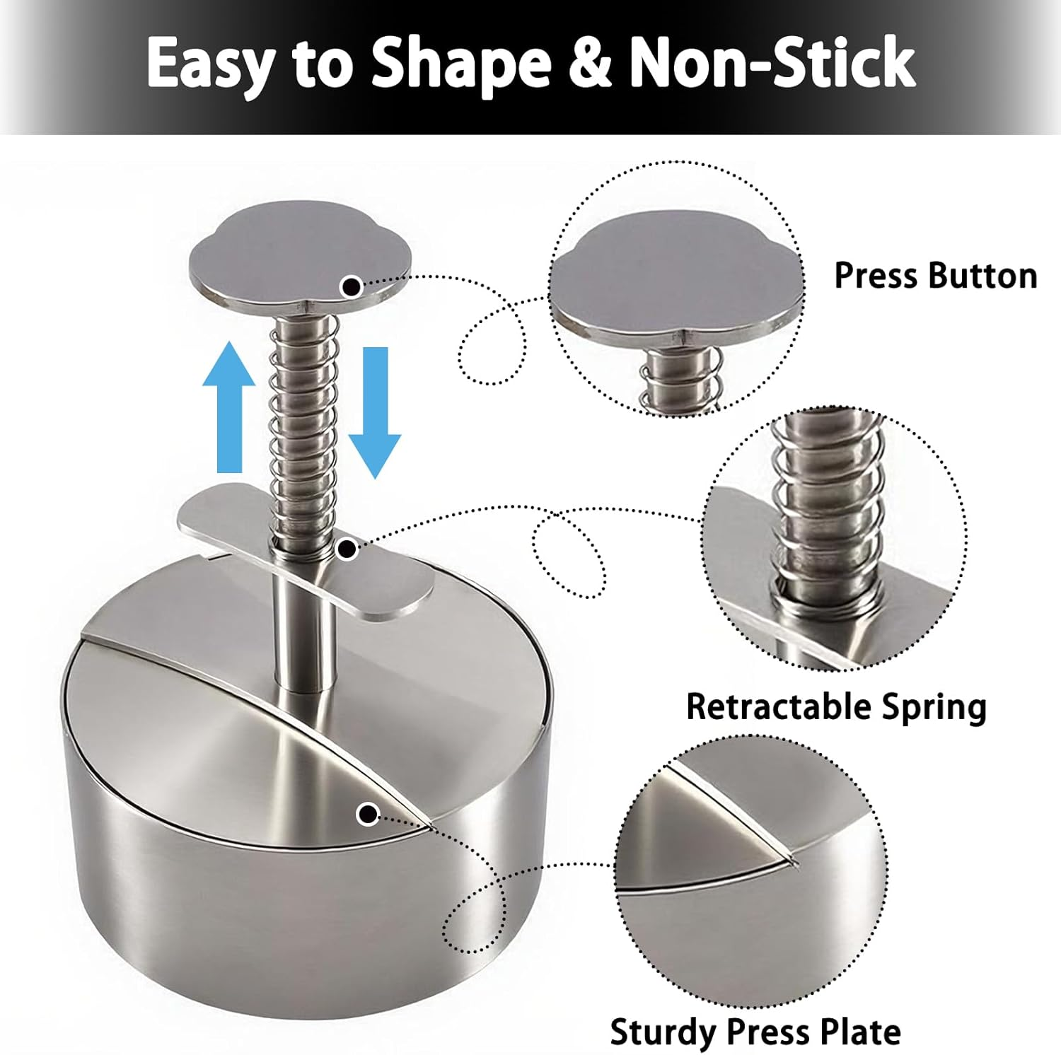 304 Stainless Steel Burger Press, Heavy Duty Adjustable Hamburger Meat Press Maker, Non-Stick Stuffed Patty Molds With150 PCS Hamburger Patty Paper for Beef, Vegetables, Meat, BBQ, Party Grill image number 4