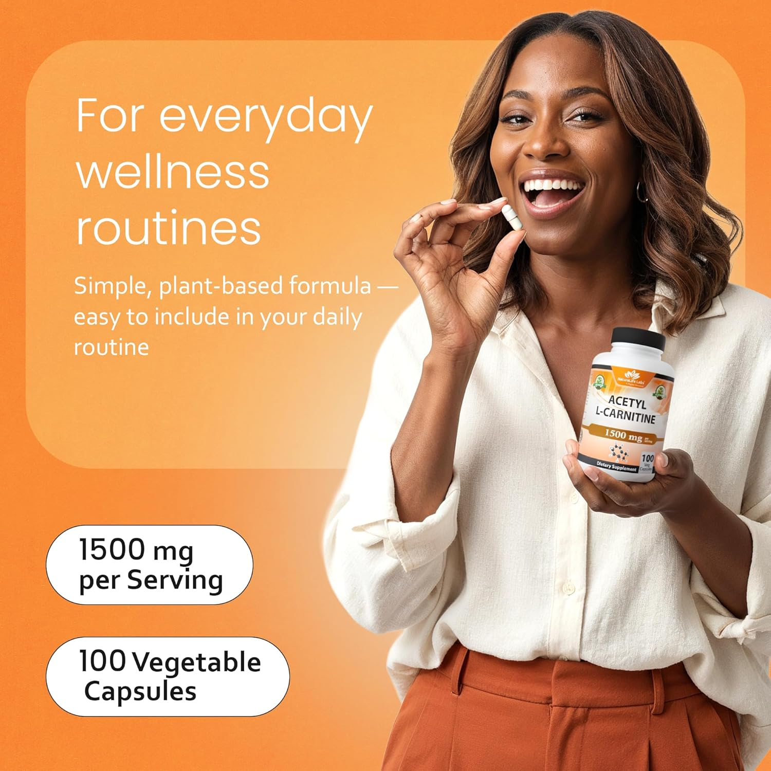 Acetyl L-Carnitine 1,500 Mg High Potency Supports Natural Energy Production, Supports Memory/Focus - 100 Veggie Capsules image number 3