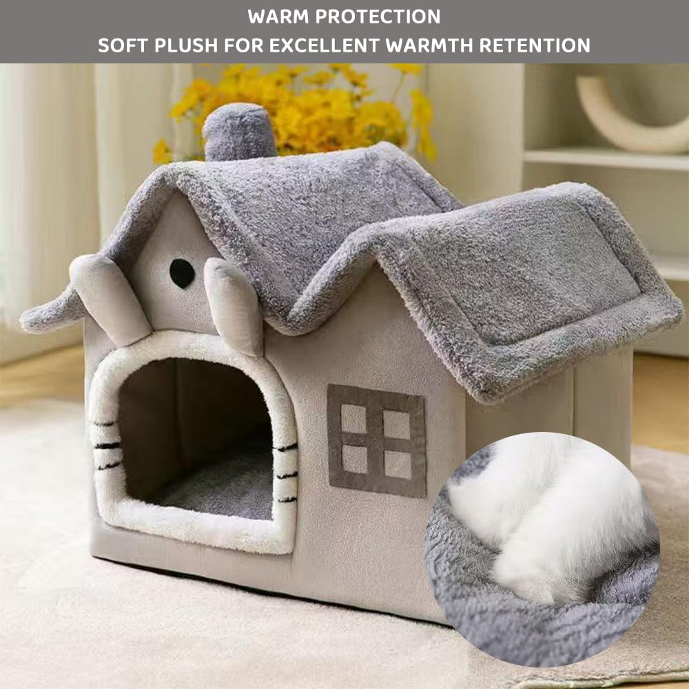 Indoor Cat Bed Cave with Removable Washable Cushion, Cozy Calming Soft Cat House, Durable No-Deformation Pet Bed for Cats (Grey, Medium)