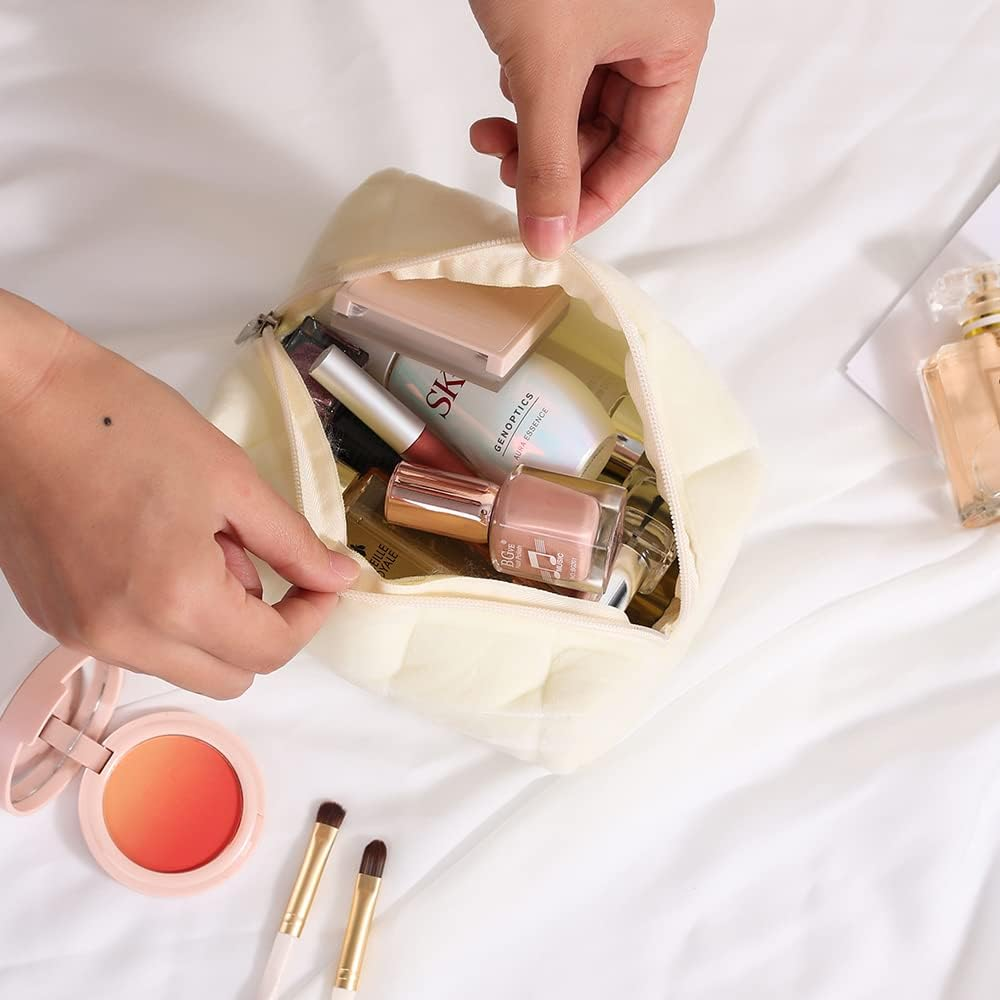 LYDZTION Plush Makeup Bag Cosmetic Bag for Women,Zipper Large Solid Color Travel Toiletry Bag Travel Make up Toiletry Bag Washing Pouch, White image number 4