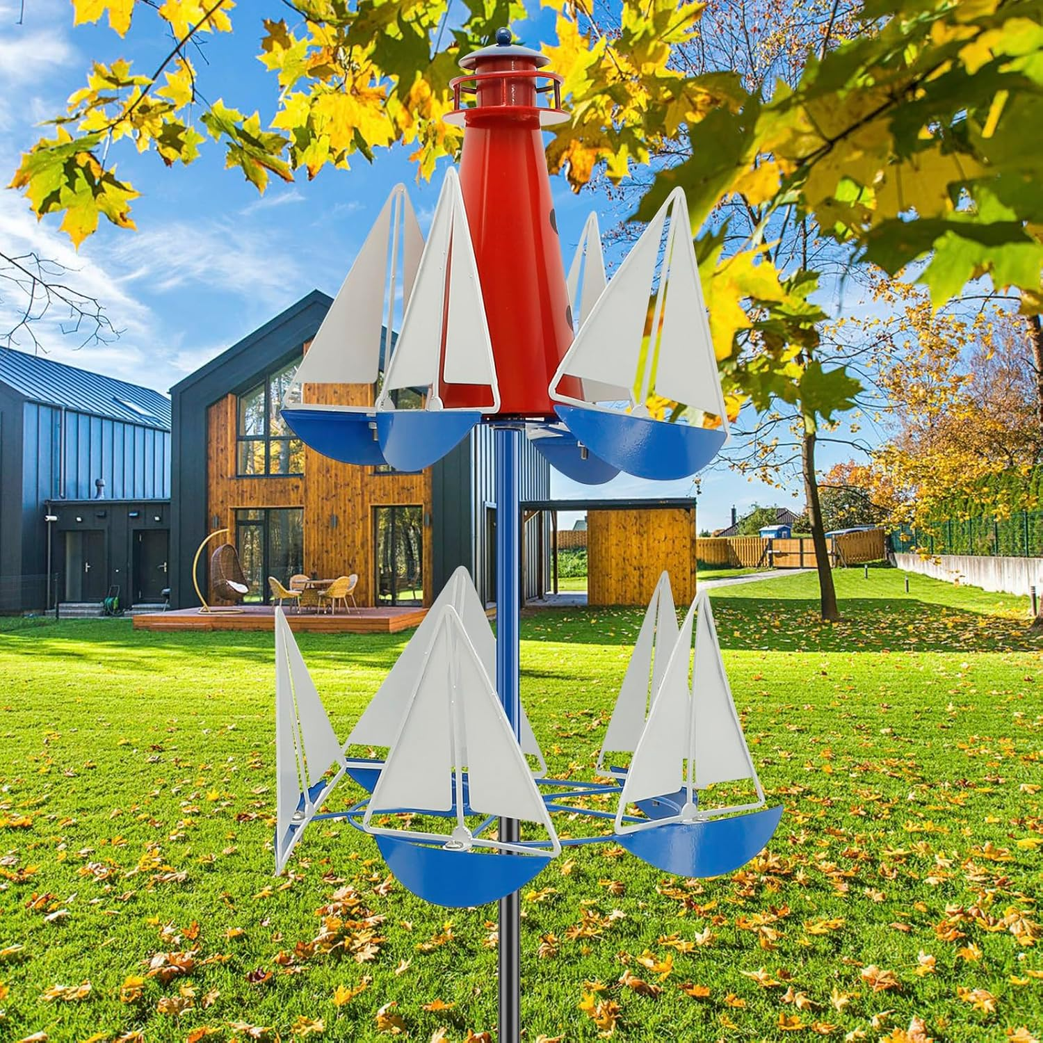 Sailboat Windmill D&eacute;cor Metal Lighthouse Sailing Wind Spinner Summer Lighthouse Sailboat Windmills Garden Wind Spinner Sculpture Creative Nautical Art Ornament for Garden Yard Lawn Outside image number 1