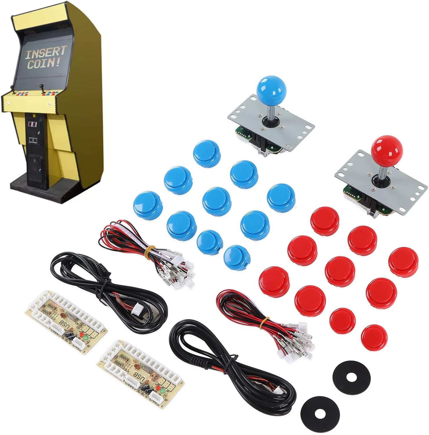 Kit, 2 Player Game DIY USB Board Encoder Joystick Buttons Set, Compatible with Home Console, Fighting Game Console, Friends Gathering (Blue Red)