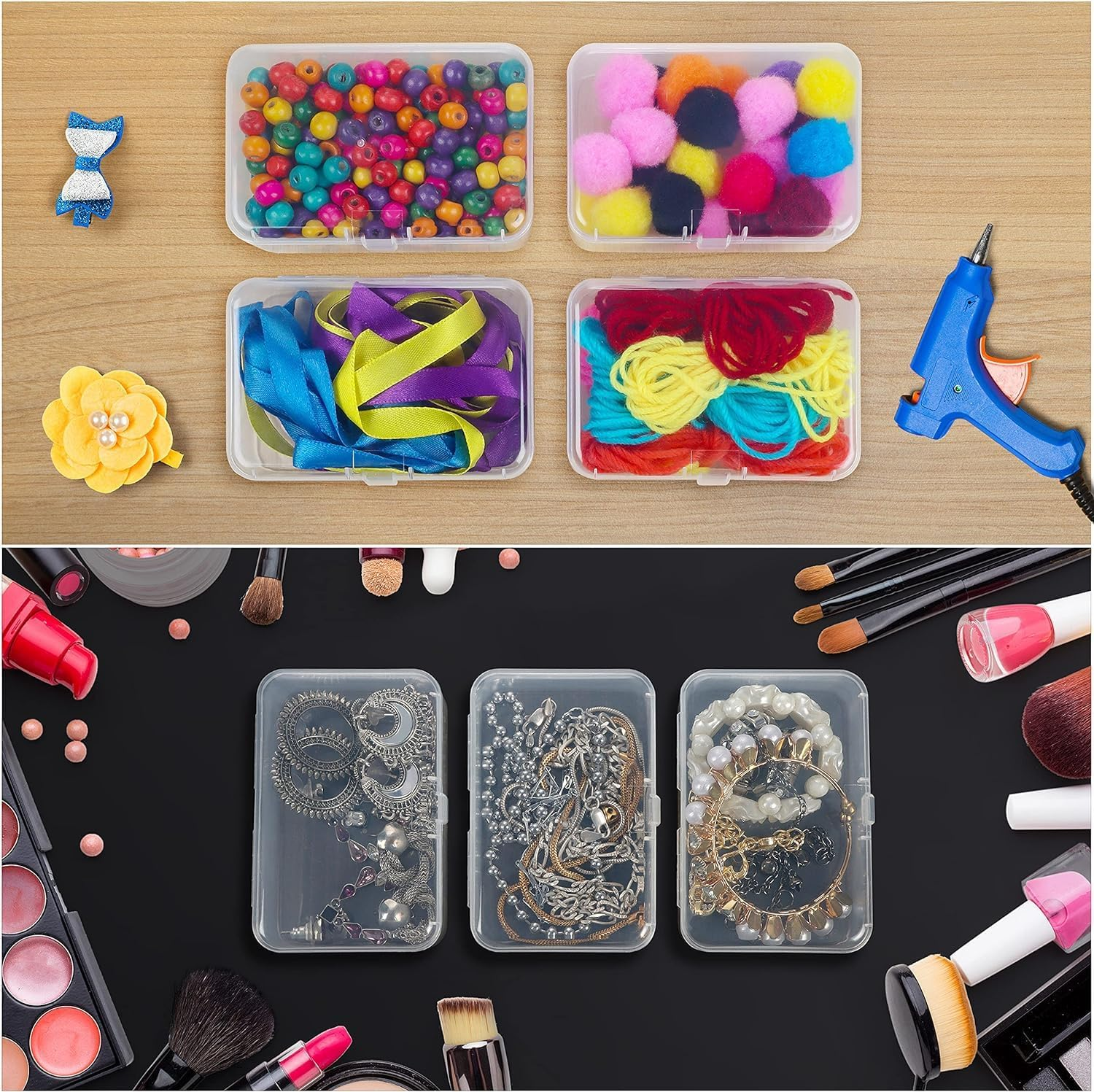 Party Monkeys Small Clear Plastic Storage Box Containers with Hinged Lid (12 Pack) - L9 X W6 X H3.3Cm / 3.54 X 2.36 X 1.3 Inches - Mini Boxes for Pills, Beads, Jewellery & Craft Items image number 6