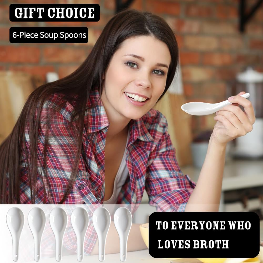 HAPPY KIT Asian Soup Spoons Set of 12, Ceramic Ramen Spoons Set Proper for Corelle Pho Miso Wonton Ramen Dumpling Macaron Dishwasher & Oven Safe image number 6