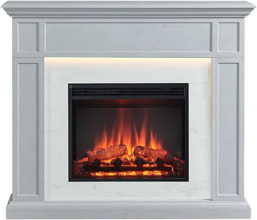 Modaliving Pearl 2000W Electric Fireplace Heater Mantel Suite Marble Veneer Finish Remote Control Timer Adjustable Flame (White)