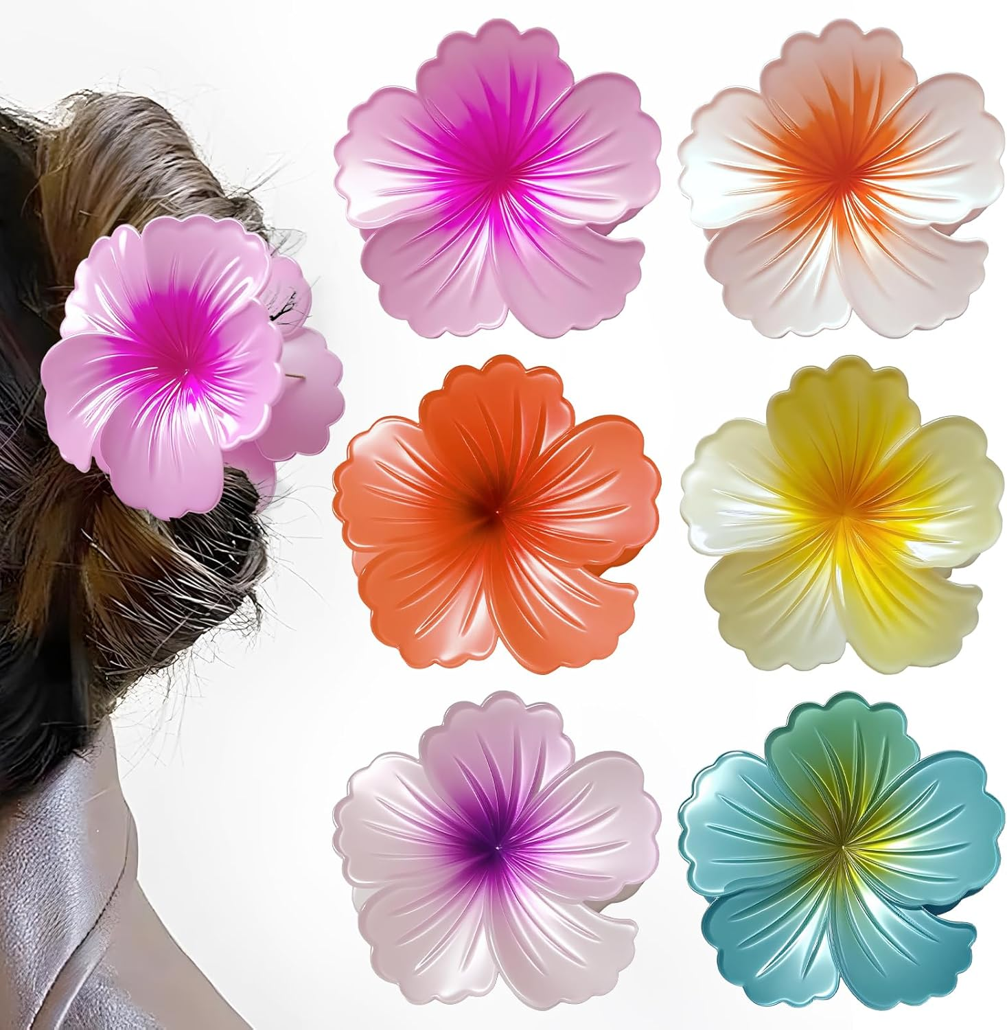 Elzle Pack of 6 Flower Hair Clips for Women, Hawaiian Hair Clip, Colourful for Girls, Thick/Thin Hair, Non-Slip Plastic Hair Claws for Beach Holidays, Daily Wear image number 6