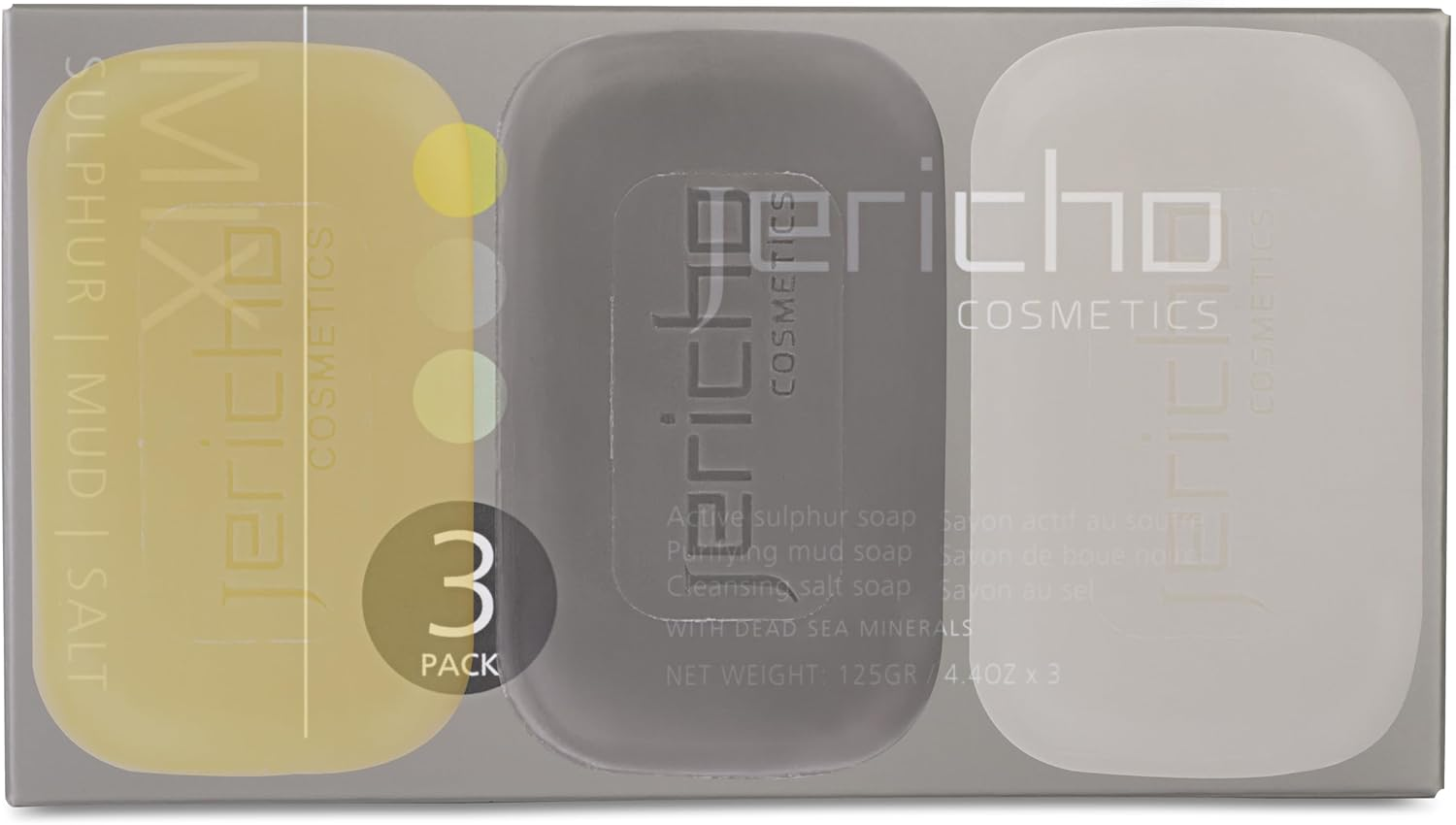 Jericho Dead Sea Soap Bar Variety Pack &ndash; 3 Bars (Cleansing, Sulfur, Mud) &ndash; Mineral-Rich Face & Body Soaps for All Skin Types, Oily Skin, and Acne Care - 4.4 Oz Pack of 3 Bars image number 1