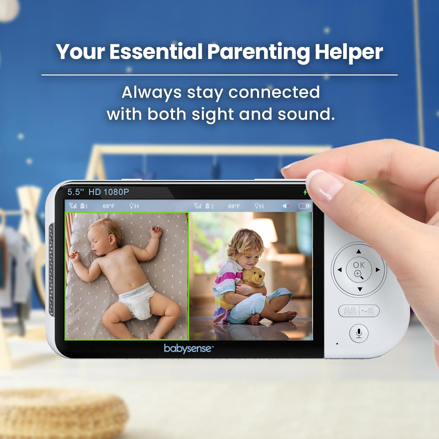 Babysense Full HD Split-Screen Baby Monitor with 2 PTZ Cameras, Two-Way Talk, 6-Color Night Light, 5000Mah Battery, Long Range, 4X Zoom, and Crystal-Clear Audio image number 5