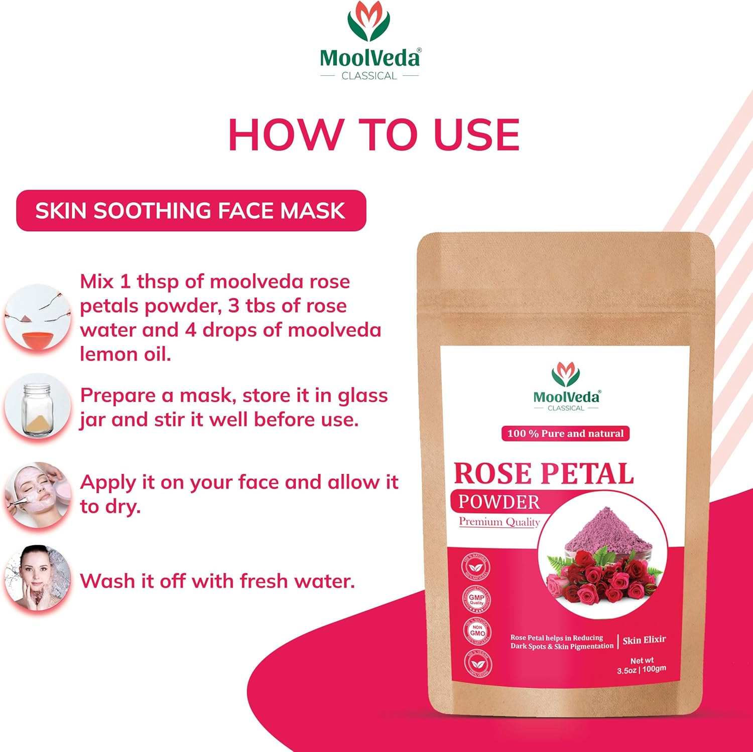 Pure & Natural Rose Petal Powder for Skin, Face Pack Mask for Fairness, Tanning & Glowing Skin, 100Gm image number 3