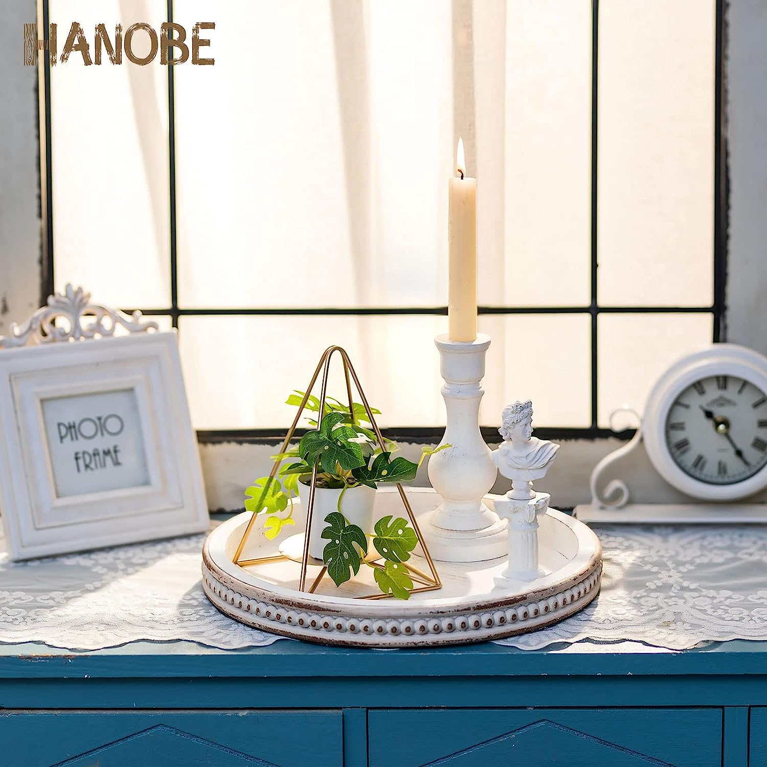 Hanobe Decorative Tray round Coffee: Beaded White Circle Serving Tray Bohotable Centerpiece Decor Vintage Rustic Wood Kitchen Counter for Living Room Home Bathroom image number 6