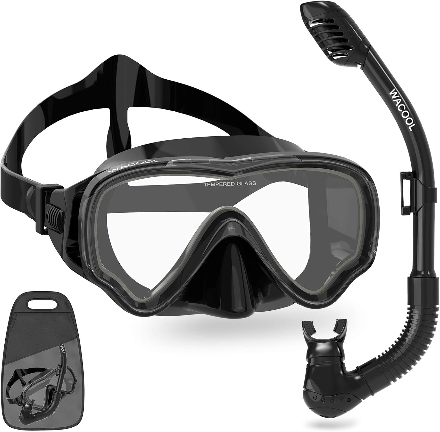 WACOOL Snorkeling Snorkel Package Set for Kids Youth Junior, Anti-Fog Coated Glass Diving Mask, Snorkel with Silicon Mouth Piece,Purge Valve and Anti-Splash Guard.
