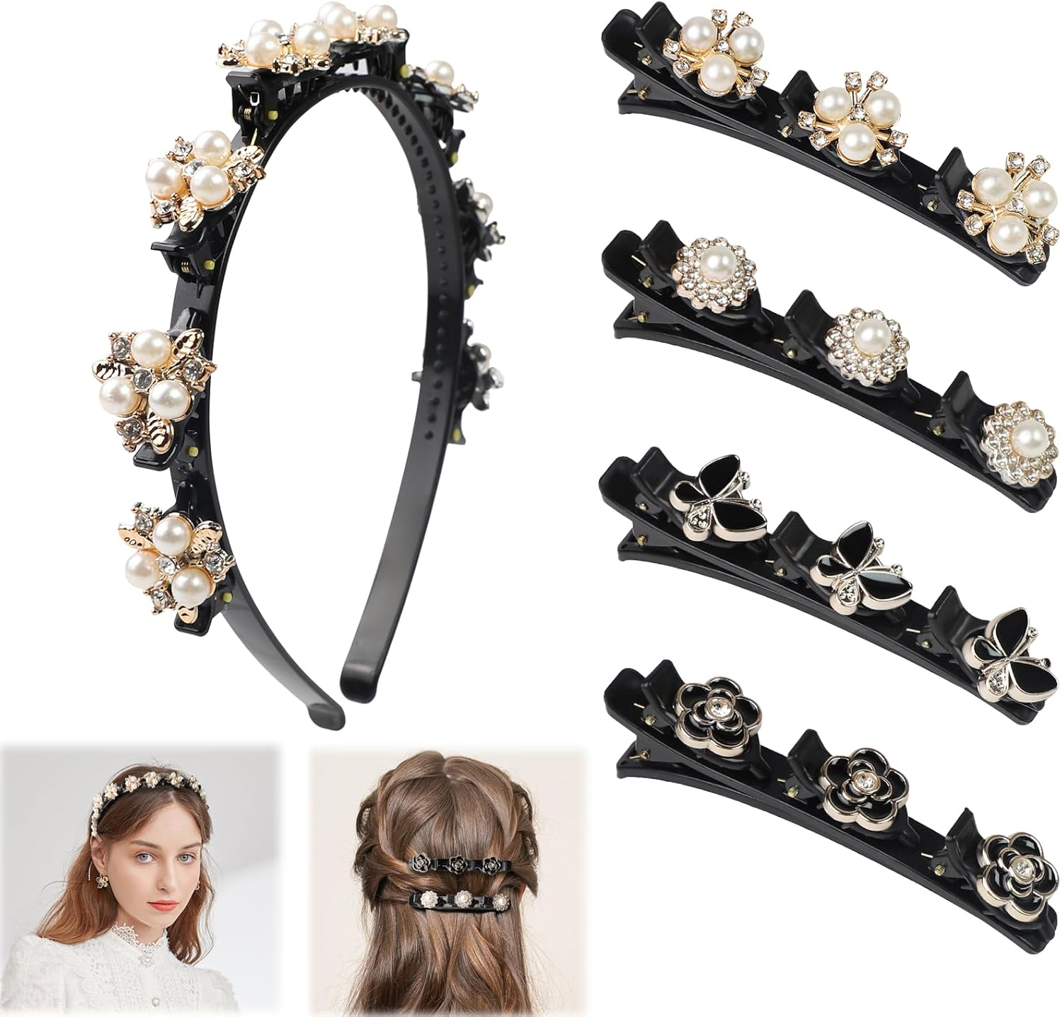Pack of 5 Hair Clips with 3 Clips, Hummingbird Hair Clip with Pearl Sparkling, Double Layer Braided Hair Clip for Women, Girls, Children, 1 Headband with Clips image number 2
