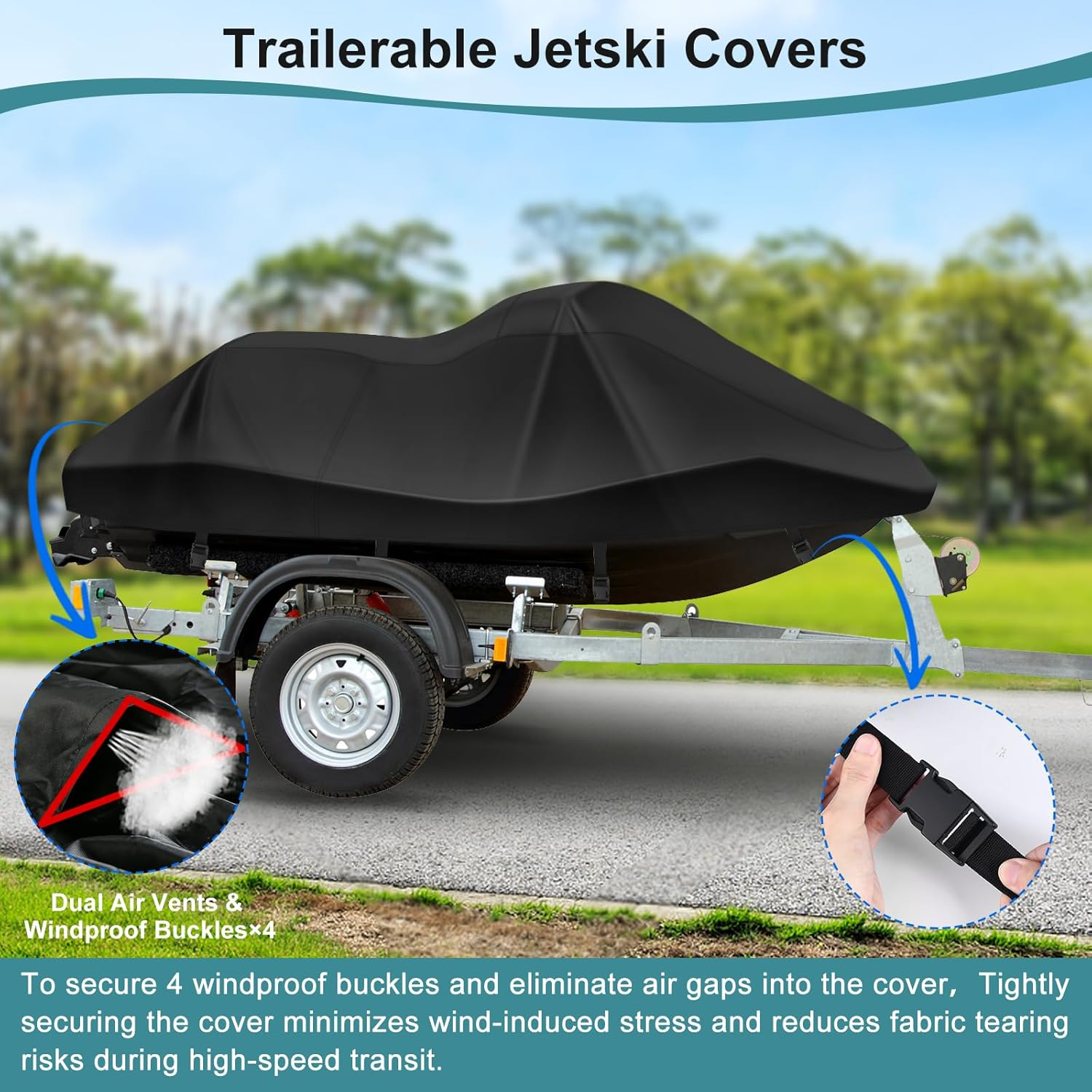 Jetski Covers,Upgraded 420D Waverunner Cover Waterproof,Durable Jet Ski Cover 3 Seater with 2 Air Vents，4 Windproof Buckles，Easy On，All Weather Universal Cover for Seadoo Spark(Black, XL:115"-120") image number 1