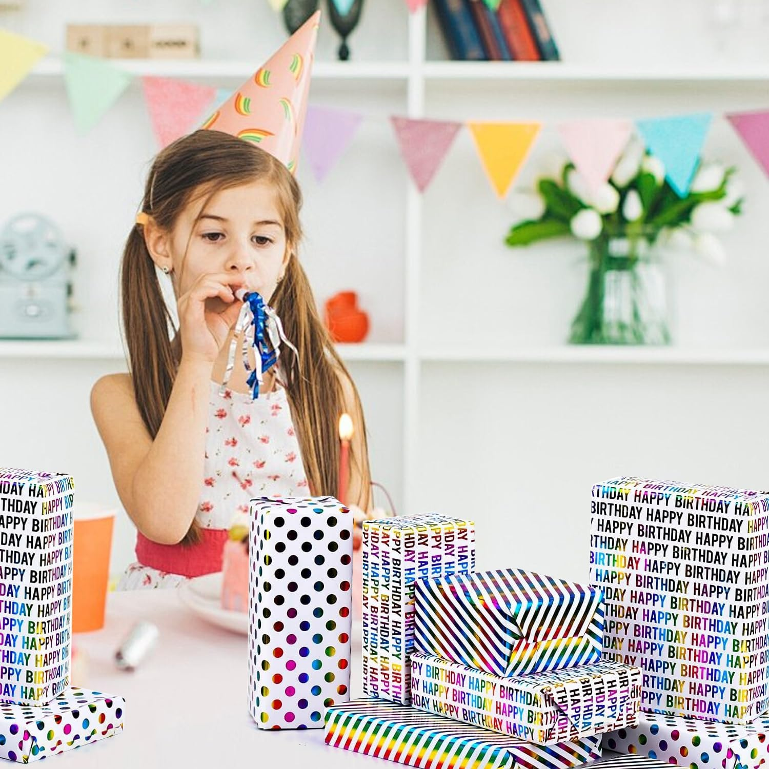 Birthday Wrapping Paper Roll,1 Rolls,Birthday Gift Wrapping Paper Paper Roll,Happy Birthday Polka Dots Stripes Design for Birthday, Holiday, Party, Wedding by H HOME-MART image number 1