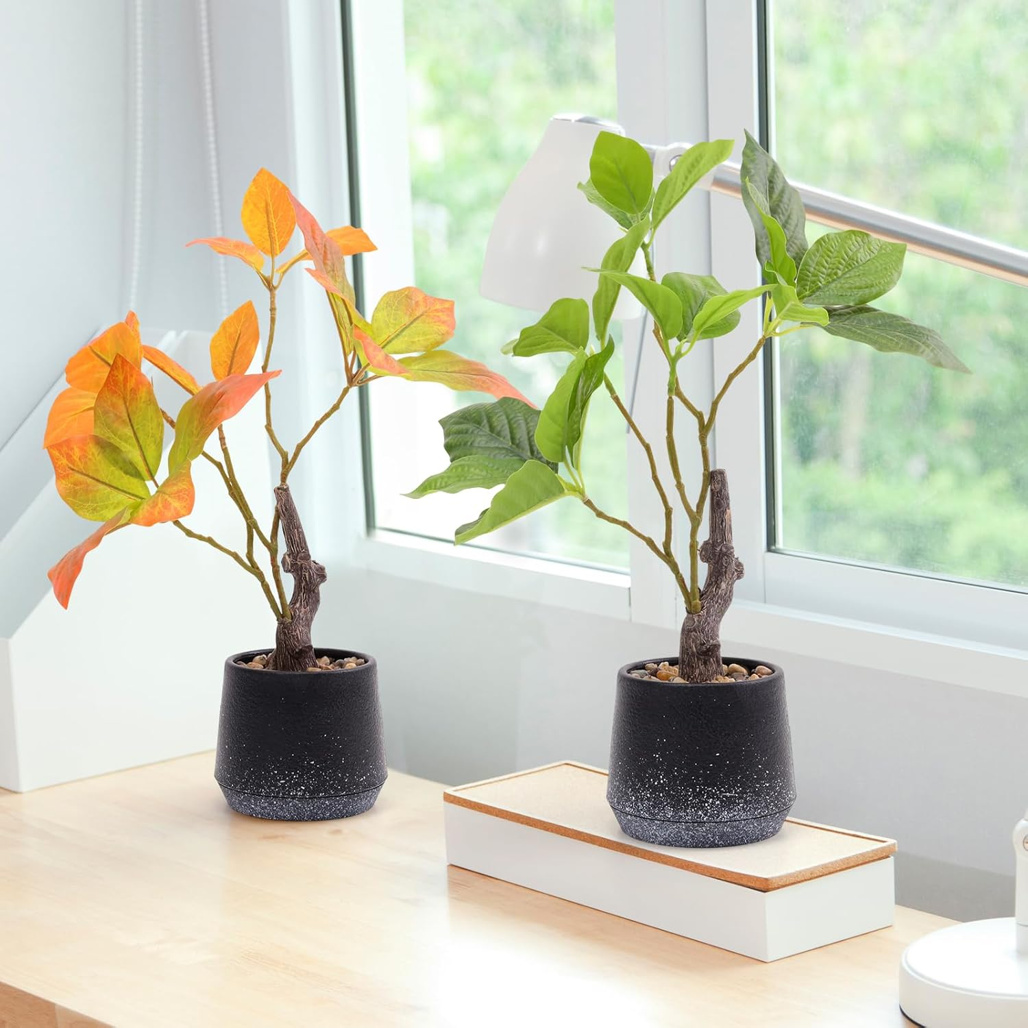 Gresorth 2 Pack Artificial Bonsai Plants with Decorative Pebbles Fake Realistic Greenery Potted Decor for Indoor Spaces Office Displays Garden Landscapes - 30Cm - C - 2 Colors image number 2