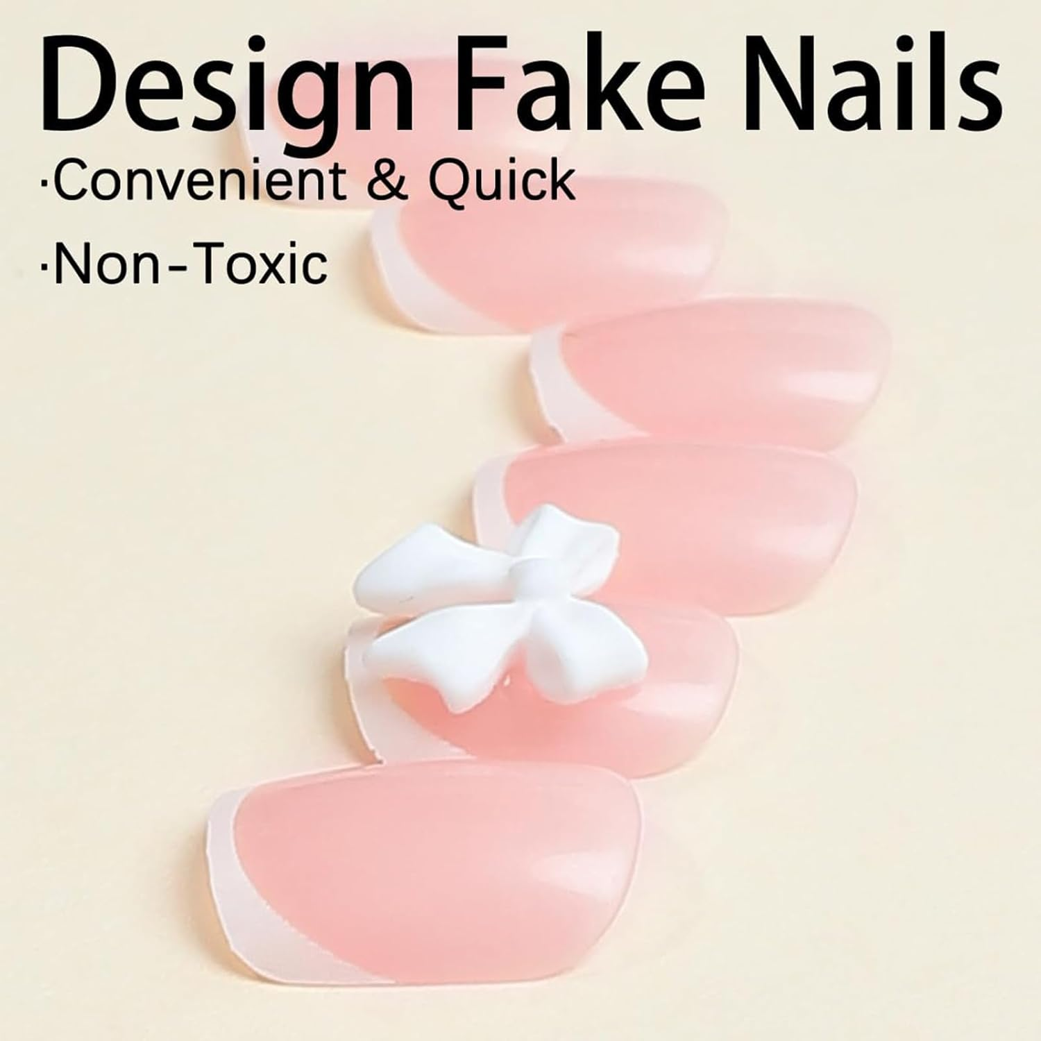 Qioon 24 Pcs Pink Press on Nails Short Square, Glossy Nude Pink Full Cover Fake Nails with White French Tips and Bow Charms, Cute False Nail for Women and Girls, Daily Manicure Set image number 5