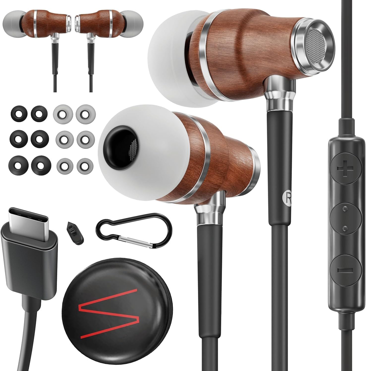 Symphonized Premium Wooden Iphone Earphones Wired (USB C) Deep Bass Sound, 3D Sound, Microphone Volume Control, 90% Noise Cancelling for Type C Devices. Earphones for Iphone 15 to 17 & Android (Black) image number 3